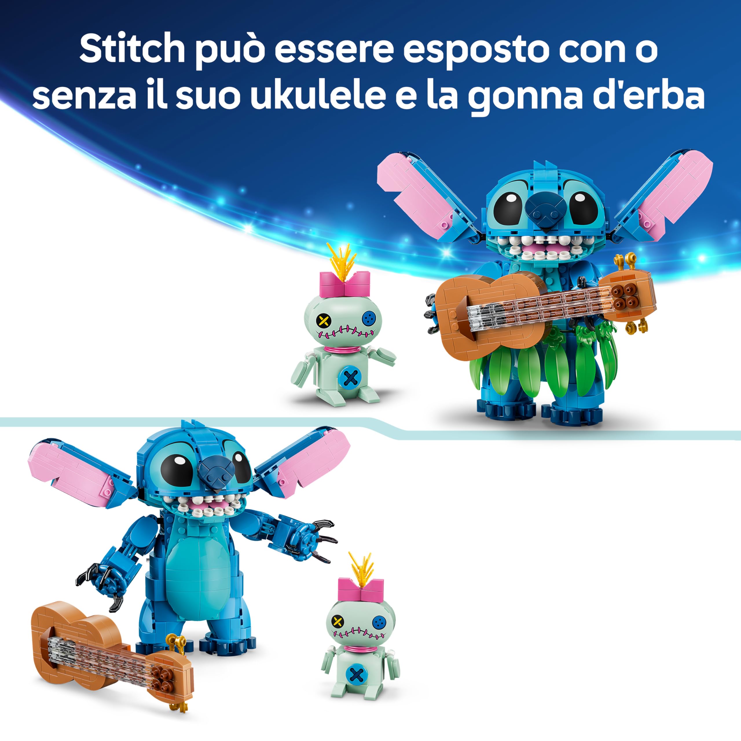 LEGO | Disney Stitch e Scrump Giocattolo - 2 Action Figure con Accessori tra cui un Ukulele - Decorazione Cameretta - Regalo di Compleanno per Bambine e Bambini da 9 Anni in su Fan del Film - 43296