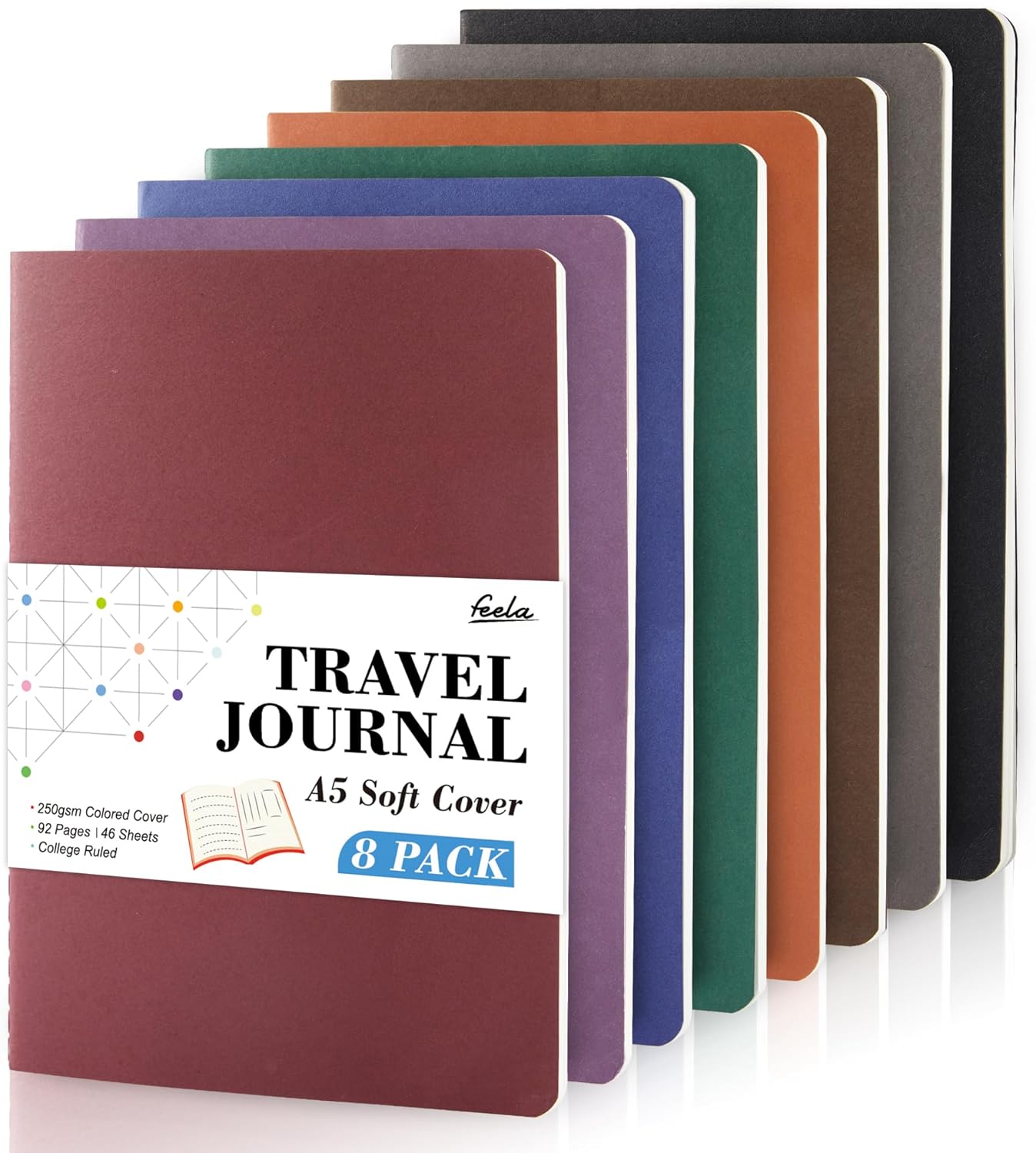 Feela 8 Pack Soft Cover Notebooks A5 Lined, Journal Notebooks College
