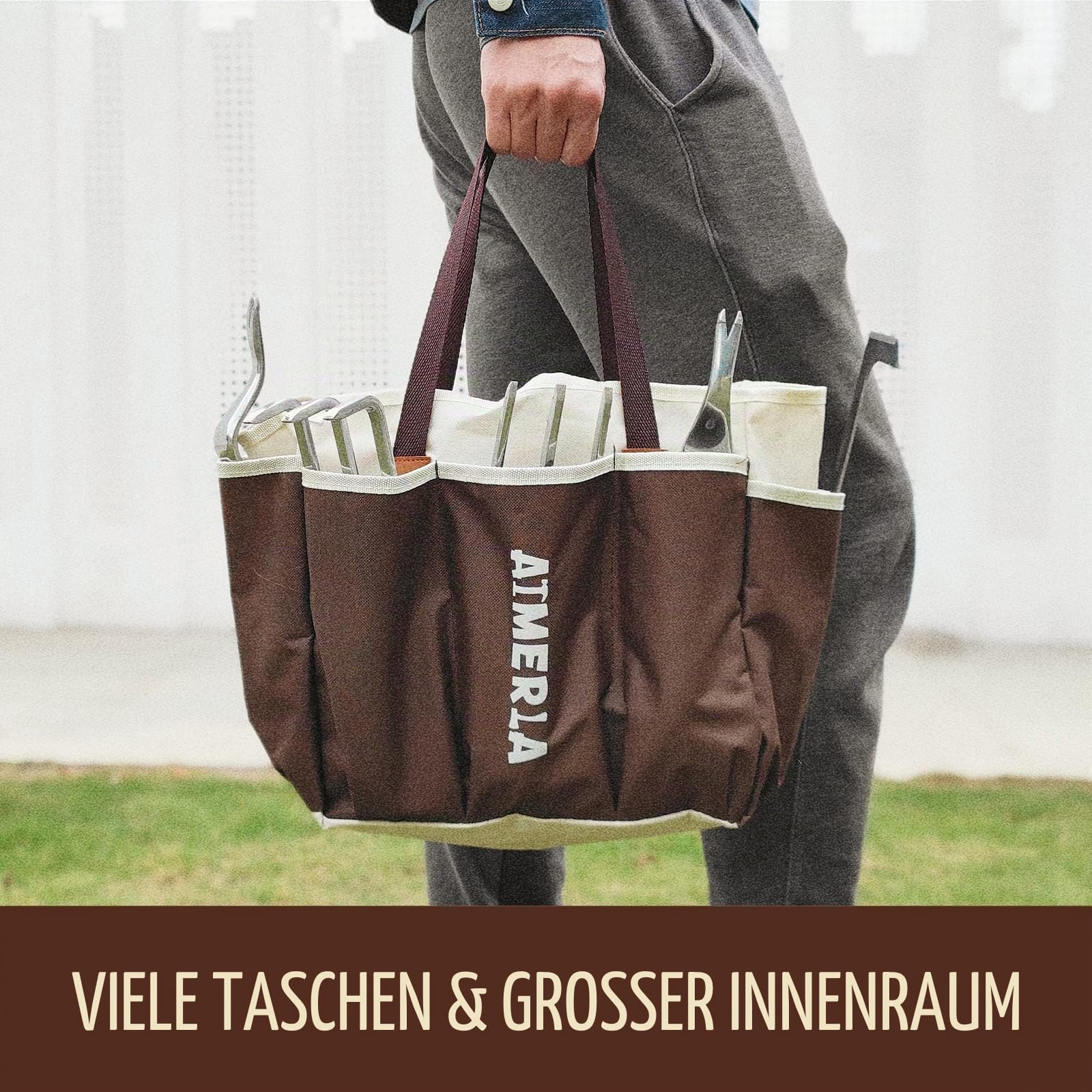 Aimerla Gartengeräte-Set mit 9 robusten Gartengeräten mit rutschfestem Gummigriff mit großer Gartentasche für Werkzeuge, langlebige Handwerkzeuge für Gartenarbeit, Jäten, Gartenarbeit, Geschenke für