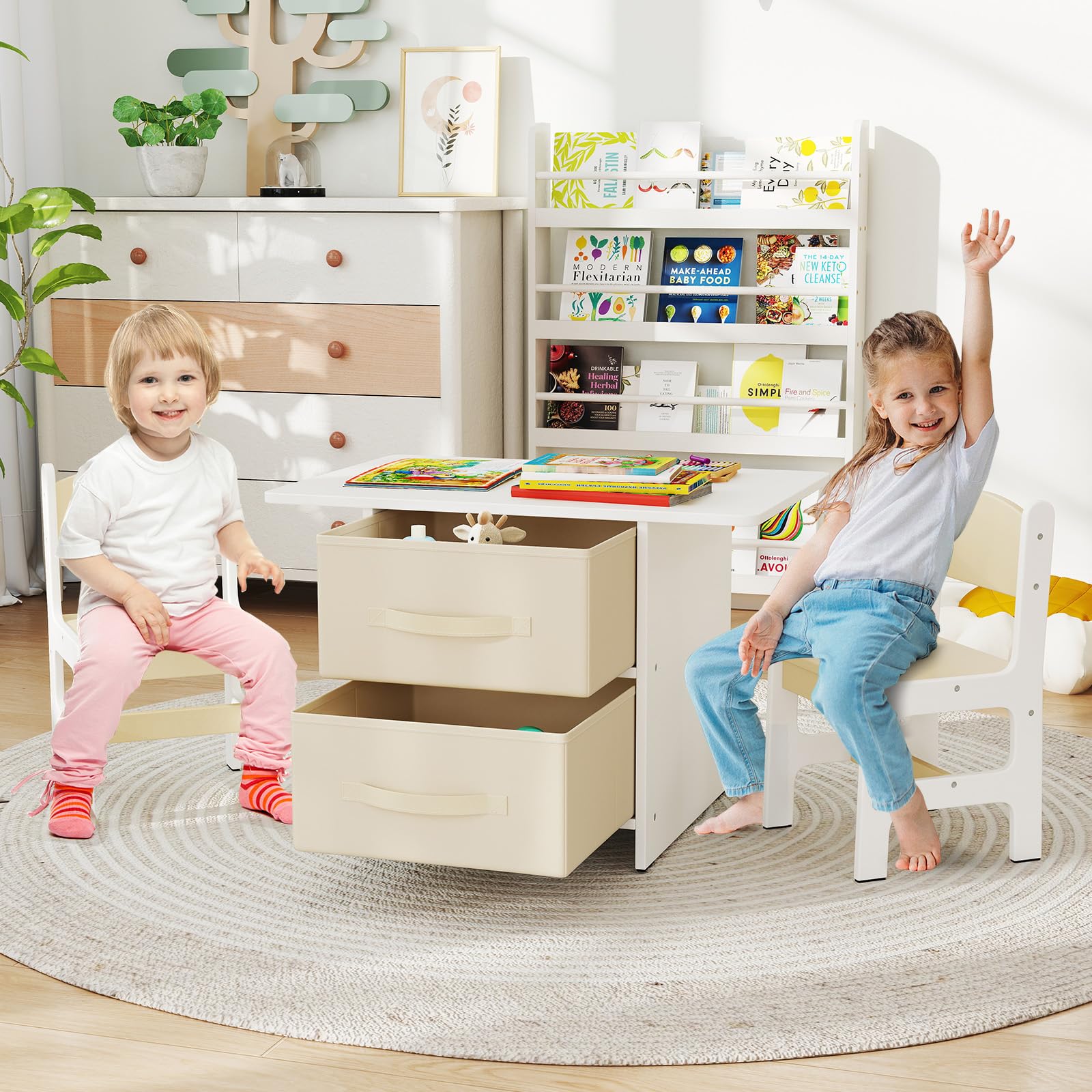 RELAX4LIFE Tavolo per Bambini con 2 Sedie Ergonomiche e 2 Cassetti in Tessuto Rimovibili, Set Scrivania e Sedia per Bambini dai 3 Anni in Su per Giocare e Studiare, Carico 50 kg (Beige)