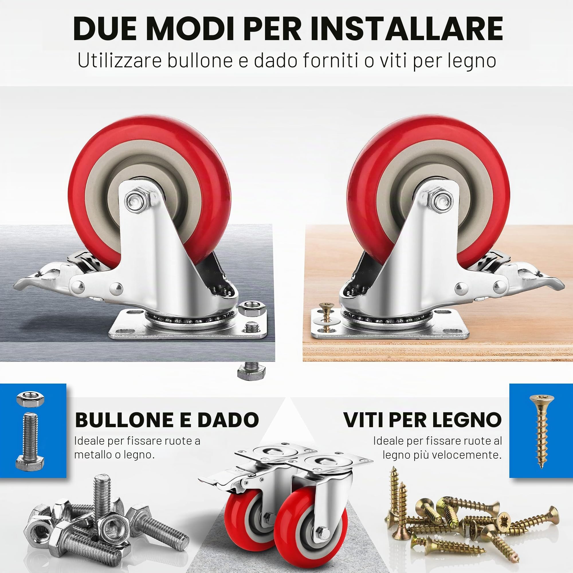 Set di 4 ruote girevoli da 10,2 cm, resistenti (capacità di carico di 997,9 kg), con freni, girevoli a 360 gradi, ideali per carrelli, mobili e banco da lavoro (4 freni)