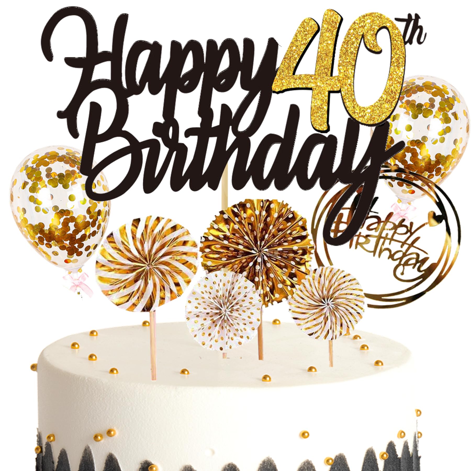 Decorazione Torta 40 Anni - Cake Topper Oro E Nero, Palloncini Coriandoli, Per Feste Di Compleanno - Foto 7