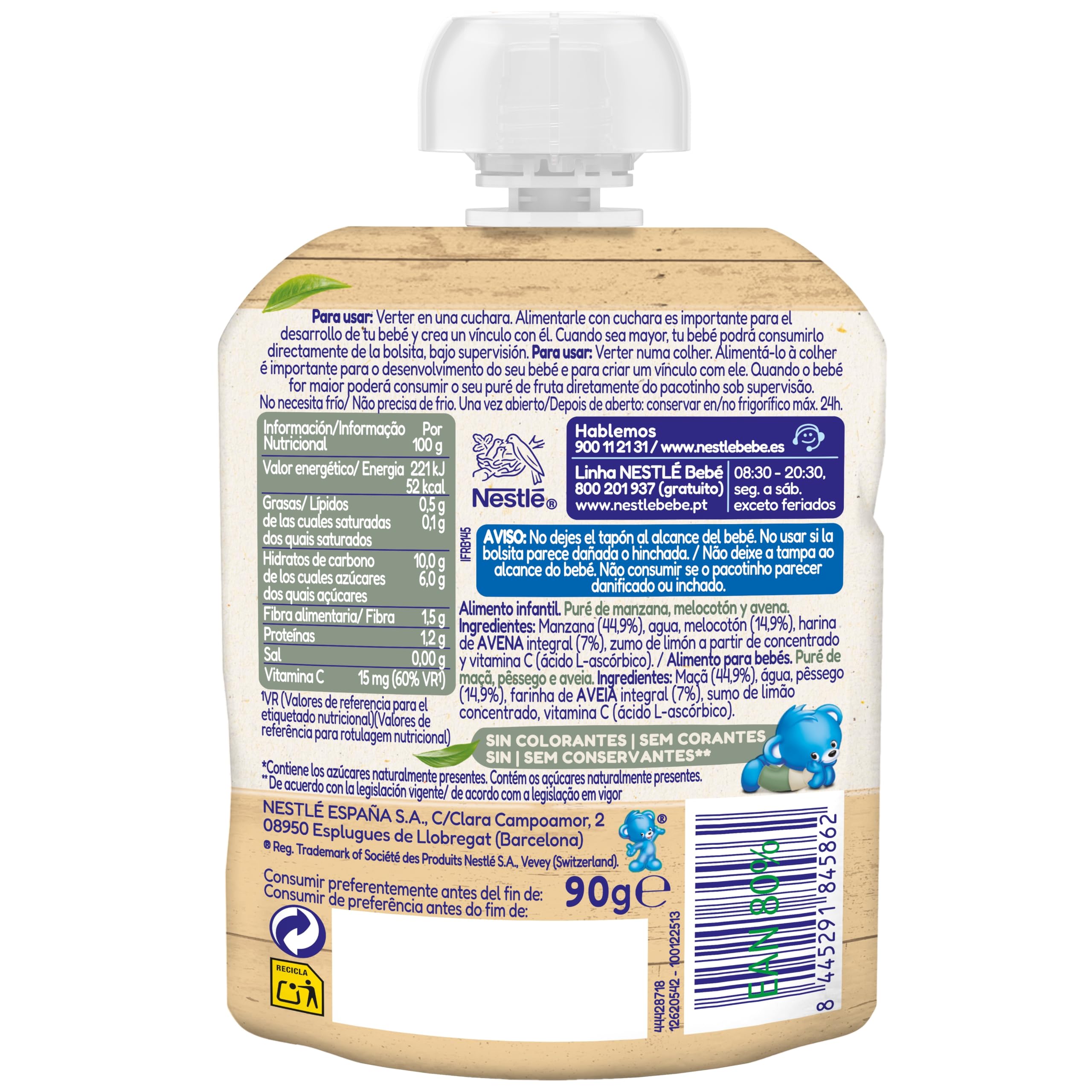 NESTLÉ Puré Manzana Melocotón y Avena para bebés 6 meses 16x90g