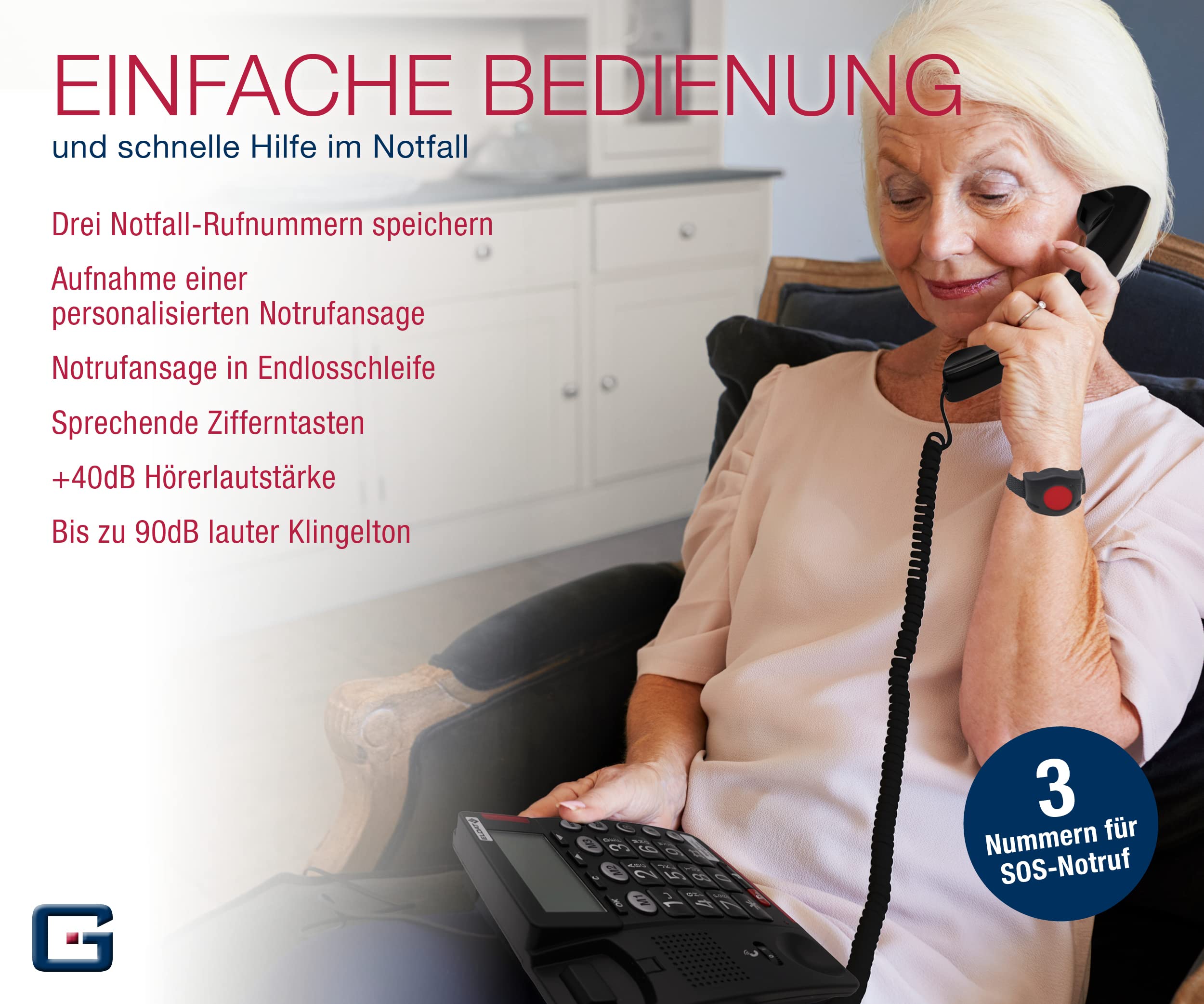 Model 2022/23 telefon dla seniorów telefon alarmowy dla seniorów z nadajnikiem radiowym SOS, przewodowy telefon stacjonarny, 1 nadajnik bransoletki, duże przyciski, kompatybilny z aparatami słuchowymi