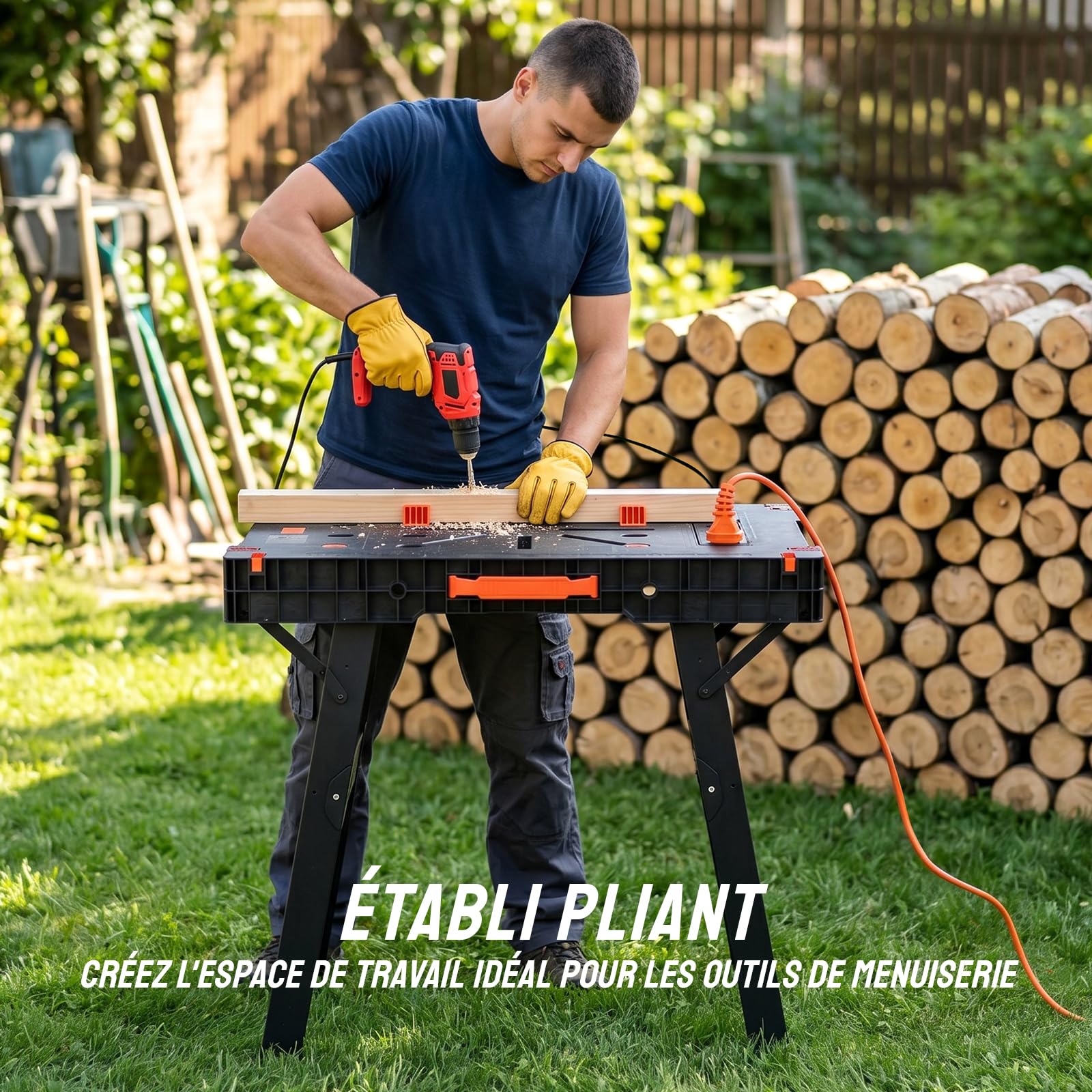 TLGREEN Établi Pliant, Table de Travail Portable avec 2 Serre-Joints | Établi Pliable Portable avec Alimentation Intégrée, Capacité 300-500kg, pour Garage Atelier Chantier, sans Montage,86x55×79cm