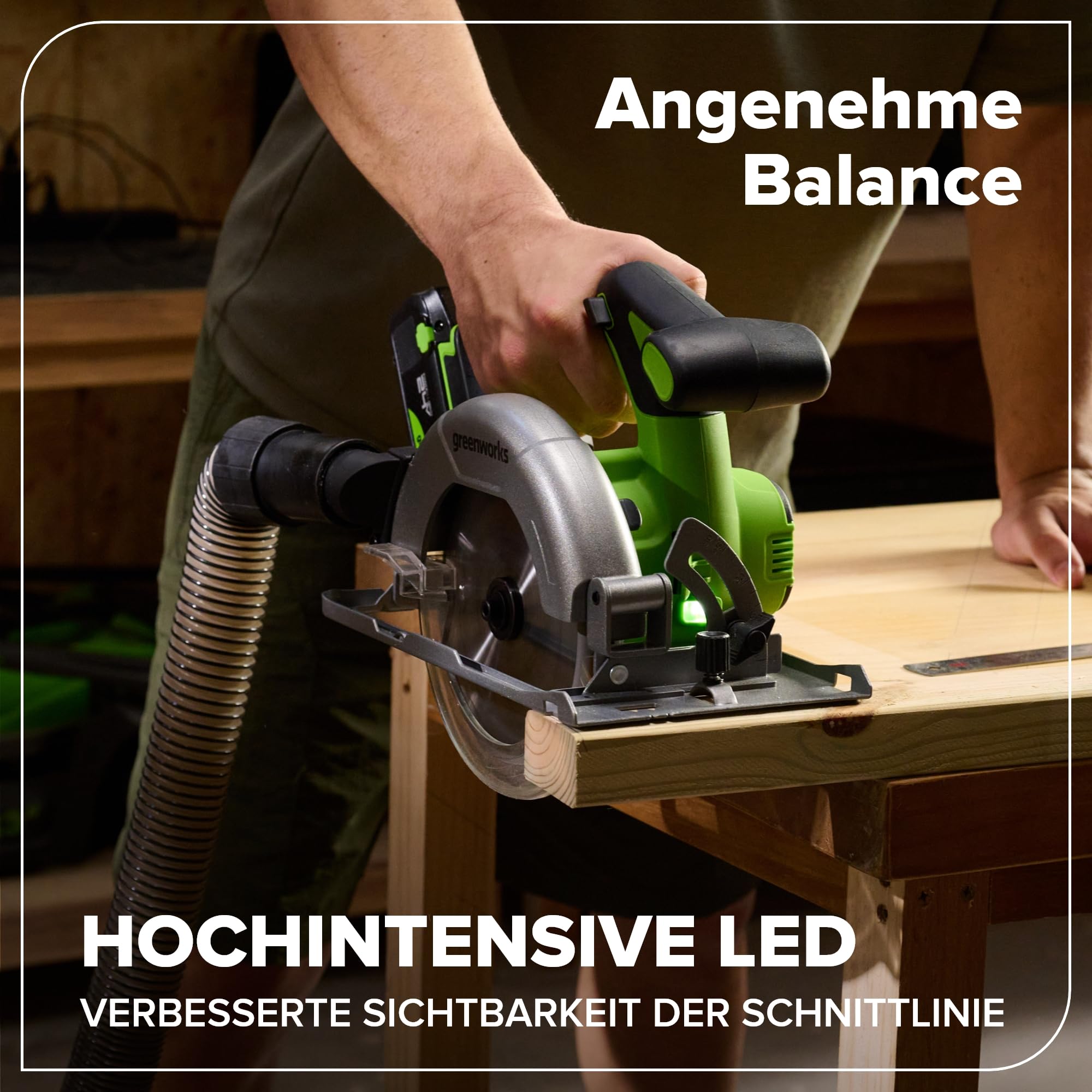 Greenworks 24 V, bezszczotkowa pilarka tarczowa 165 mm, 5000 obr./min, 20 mm brzeszczot, regulowana głębokość cięcia 45°/90°, światło LED, bez baterii i ładowarki CRG404