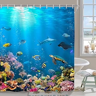 Ocean Underwater World Shower Curtain, Colorful Tropical Fish Sea Turle Coral Bath Curtain Decor, Polyester Fabric Waterproof Bathroom Accessory Set with 12 Hooks 72x72 inch