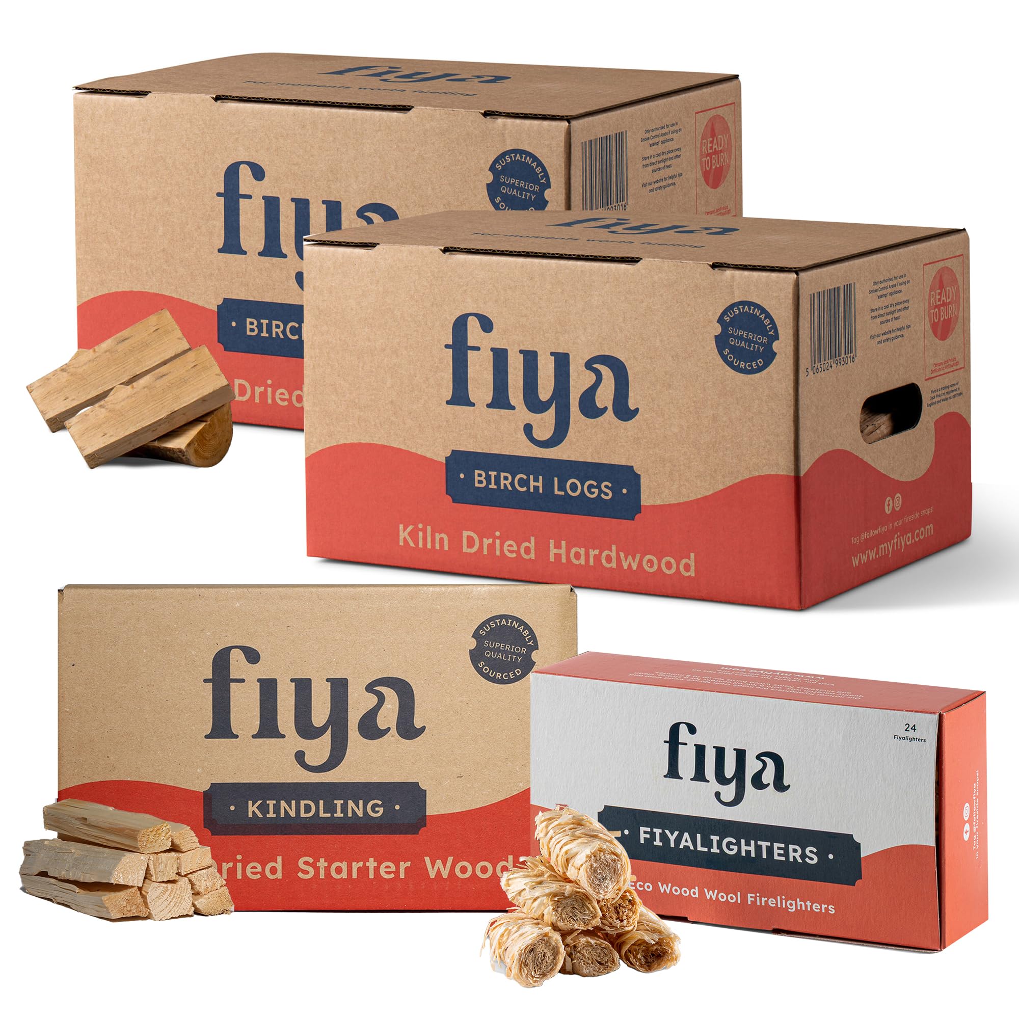 2 Boxes Birch Firewood Logs, 1 Box Kindling Wood & 1 Box Firelighters