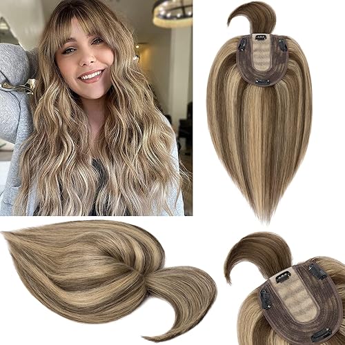 S-noilite Toppers para el cabello para mujer, con flequillo, balayage, cabello humano real, densidad del 130%, base de seda, clip con fleco, 14