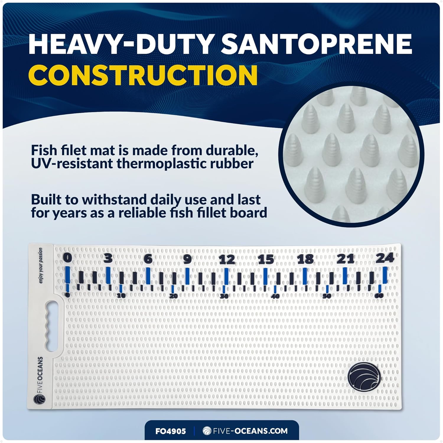 Five Oceans Fish Fillet Mat 28"x14", White Non-Slip Cutting Mat for Fish, Heavy-Duty Roll-Up Dishwasher Safe Board with 24" Ruler, for Kitchen Counters, Patio BBQ & Outdoor Tables - FO4905