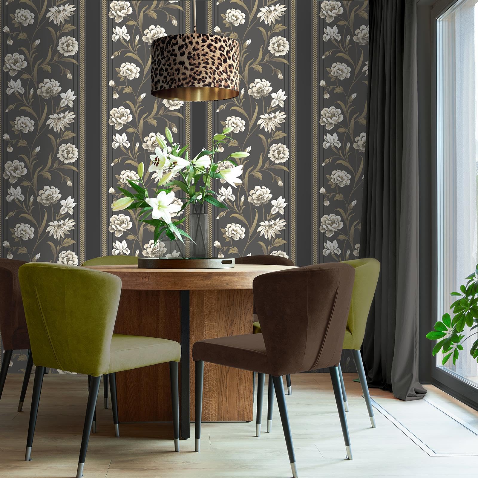 Charcoal Neutral Floral Wallpaper Panel Effect Smooth Flat Finish Feature Wall