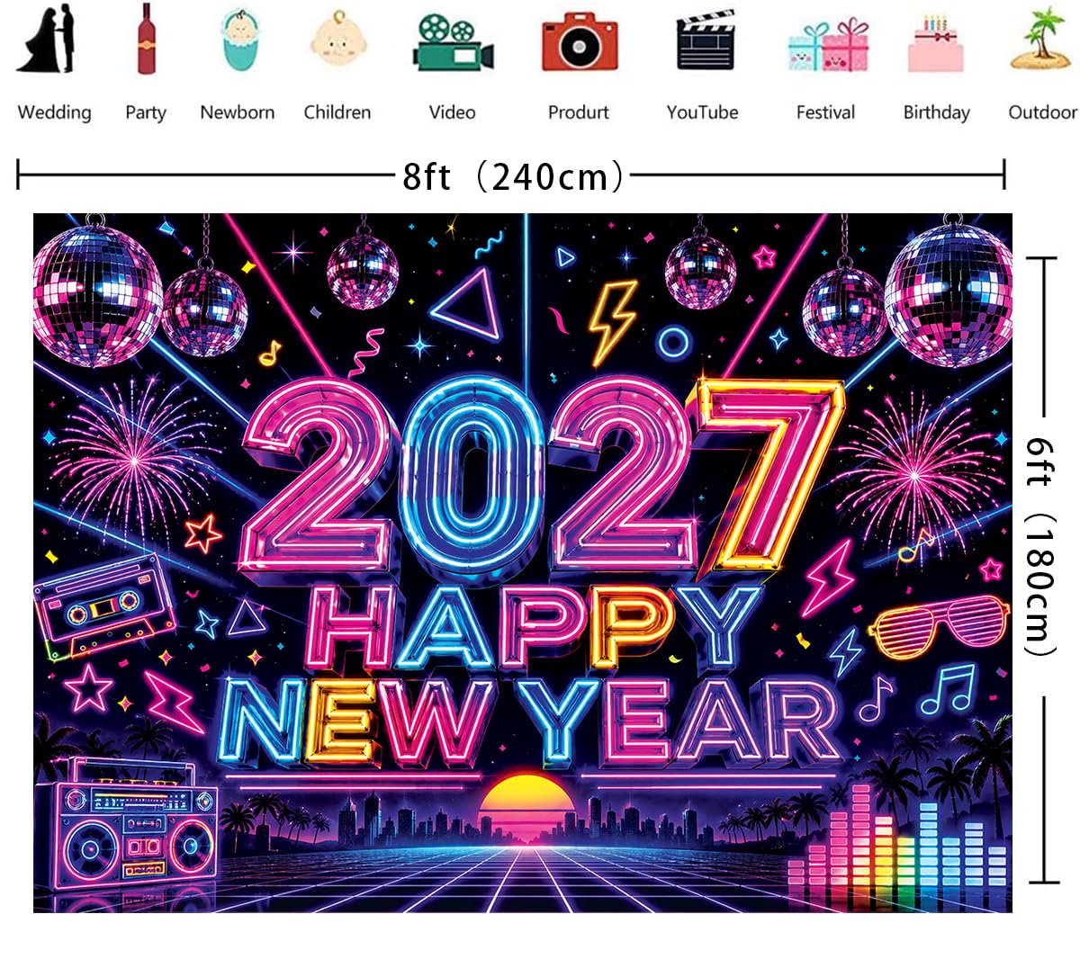 Neon 2027 Felice Anno Nuovo Fondale 20 x 1,8 m Retro 80s 90s Disco Ball NYE sfondo