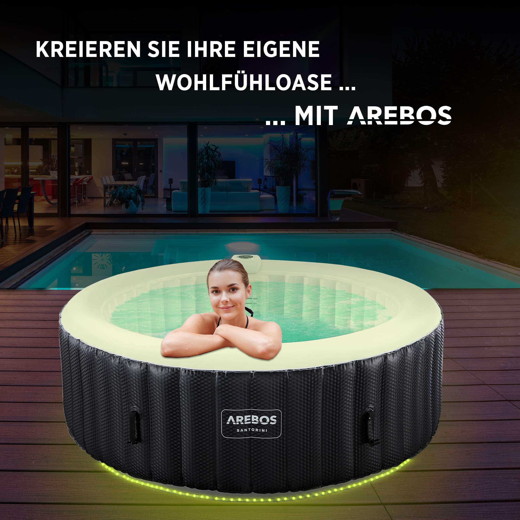 Arebos Whirlpool | automatisch aufblasbar | In & Outdoor | 6 Personen | ⌀ 208 cm | LED Leuchtband | 130 Massagedüsen | 1000 Liter | Inkl. Abdeckung | Bubble Spa & Wellness Massage