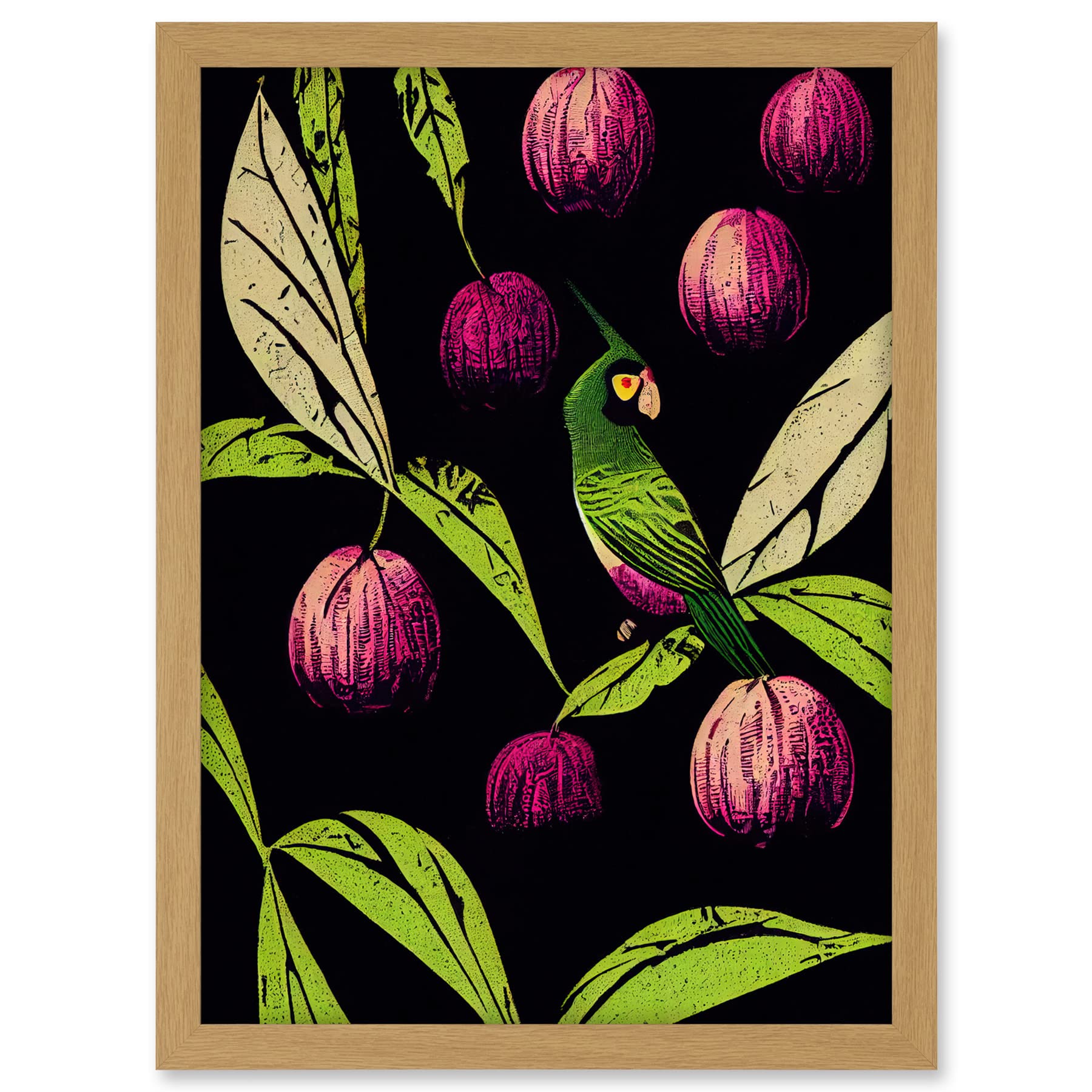 Wee Blue Coo Parrot in Tree Fruit Bright Green and Purple Black Colour Linocut Illustration Modern Vintage Artwork Framed A3 Wall Art Print