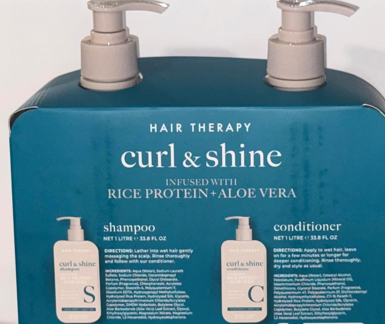 Curl & Shine Hair Therapy Shampoo and Conditioner Set – Rice Protein & Aloe Vera, 33.8 fl oz Each