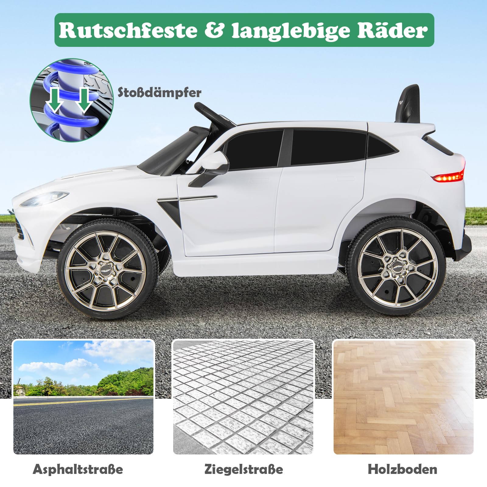 GOPLUS 12V Kinder Elektroauto Aston Martin DBX, Kinderfahrzeug mit Ferbedienung, Hupe, Musik, Schweinwerfer & Rücklicht, Kinderauto mit Slow-Start-Funktion für 3-8 Jahre alt (Weiß)