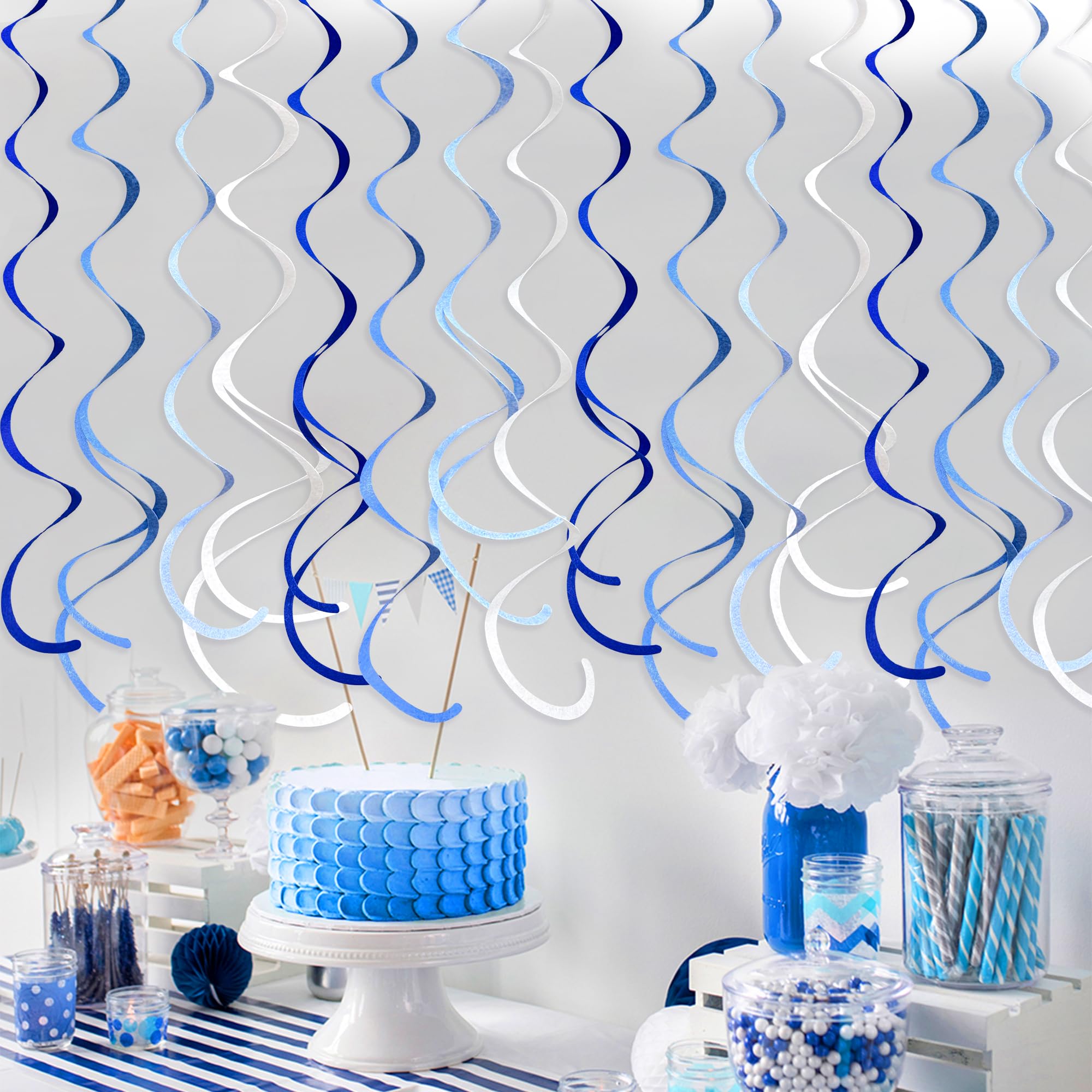 36 piezas de decoración de remolino colgante azul degradado azul real blanco fieltro remolino espiral guirnalda de techo para cumpleaños, boda, baby shower, graduación bajo el mar náutico Ahoy Achor