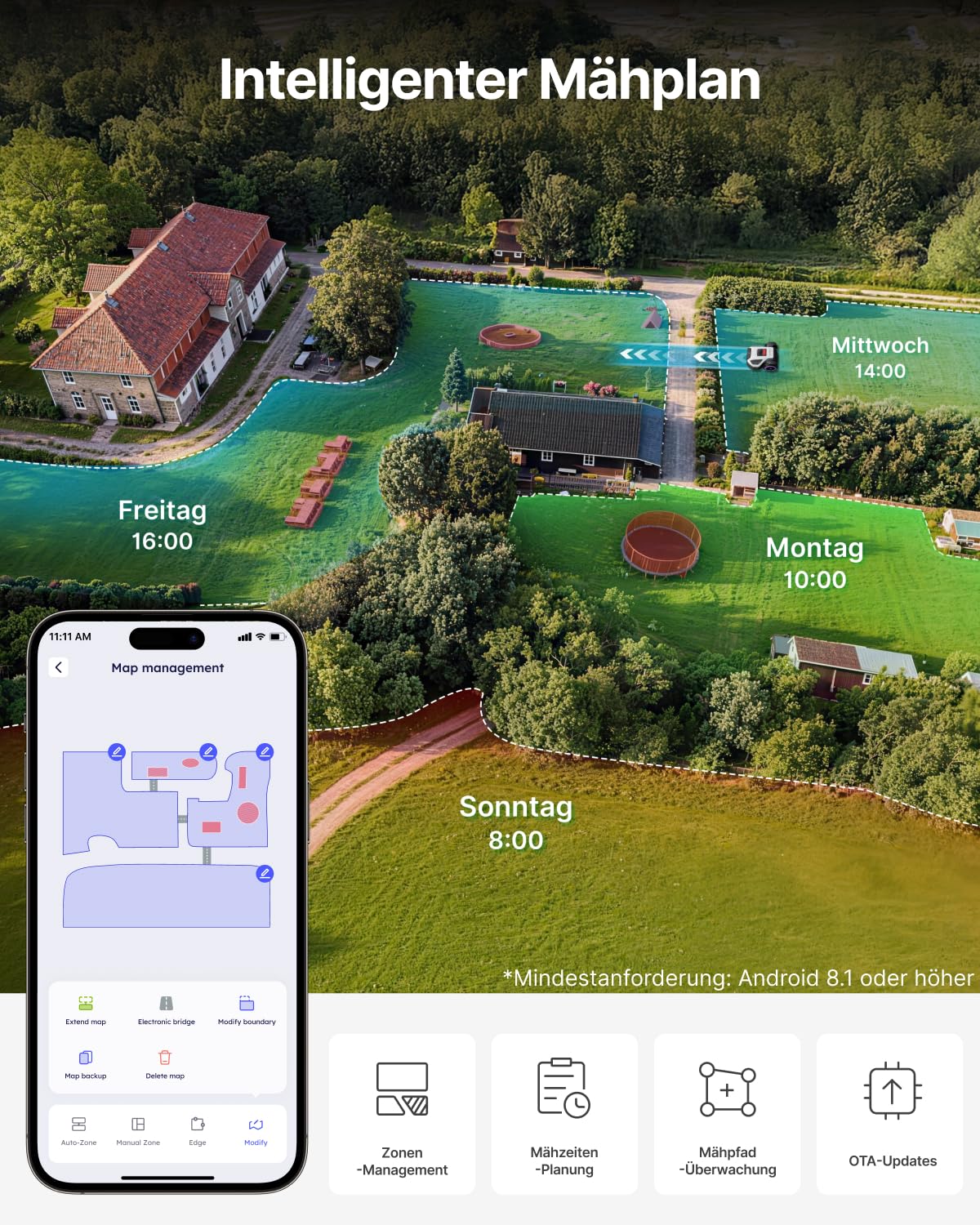 ANTHBOT M5 Mähroboter ohne Begrenzungskabel, Neuer Genie mit NRTK-Navigation & Dual-Vision, bis 500 m² (max. 700 m²), Schnitthöhe per App, KI-Hindernisvermeidung, Rasenroboter mit 45% Steigung
