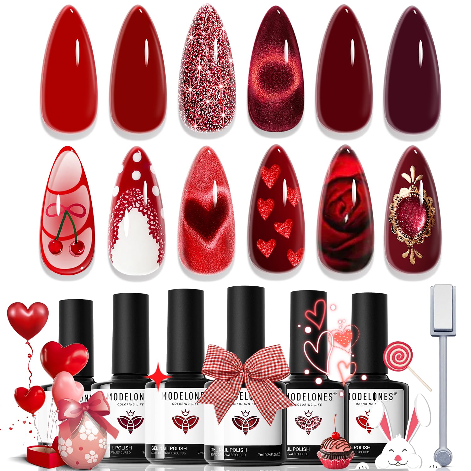 modelones Red Gel Nail Polish Set - 6 Colors 2026 Easter Ruby Glitter Cat Eye Magnetic Gel Polish Burgundy Red Sparkle Bloody Nail Polish Kit Soak Off LED Manicure Nail Art DIY Gift