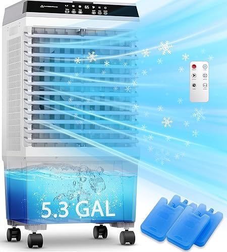 Enfriador de pantano, enfriador de aire evaporativo de 1800 CFM portátil con tanque de agua de 5.3 galones, oscilación ancha de 120, 4 paquetes de