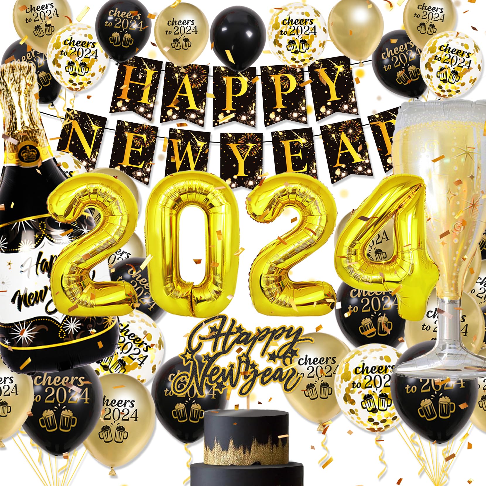 2024 New Years Eve Party Supplies, Happy 2024 New Year Eve Decorations, Black Gold Balloon New Year Eve Banner Cake Topper Wine Bottles Foil Balloons for New Years Eve Party Decorations 2024