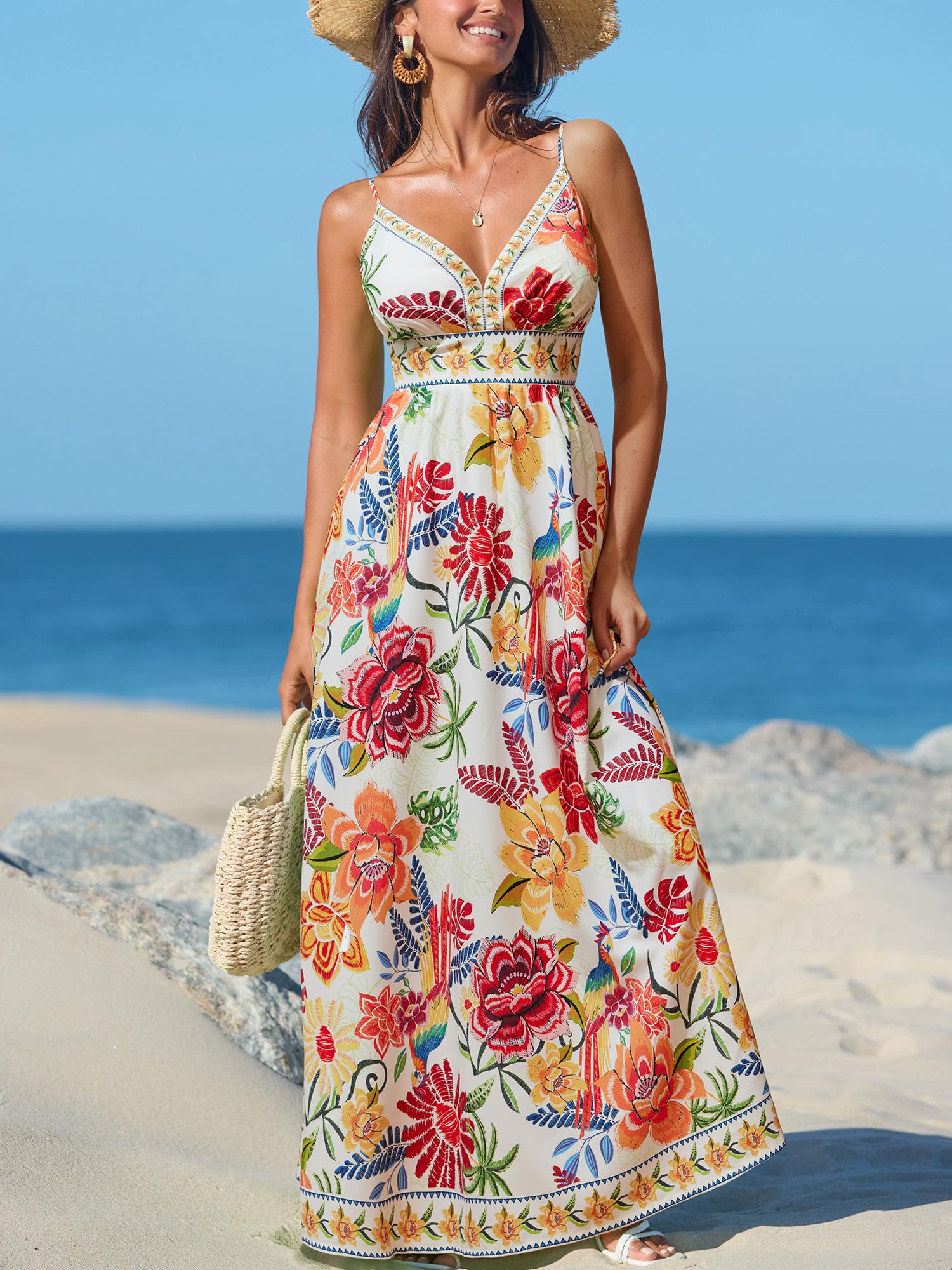 CUPSHE Longue robe d'été fluide à bretelles, sans manches, avec col en V et motif floral pour femme Style décontracté pour plage, vacances