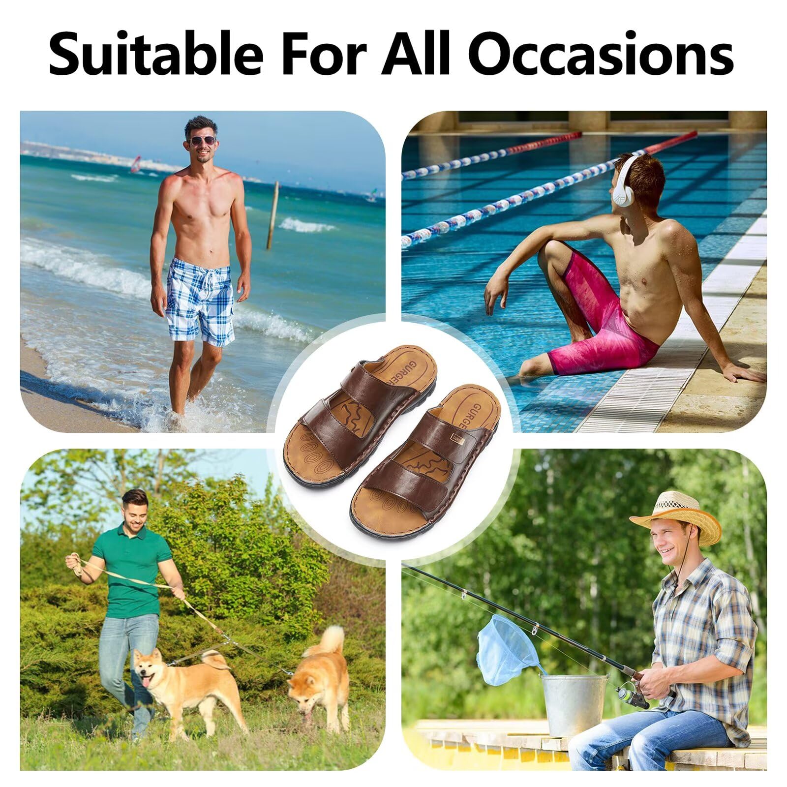 Sandales Homme en Cuir avec Double Scratch Réglable, Mules Ouvertes Respirantes Confortables Antidérapantes pour Été, Plage, Maison