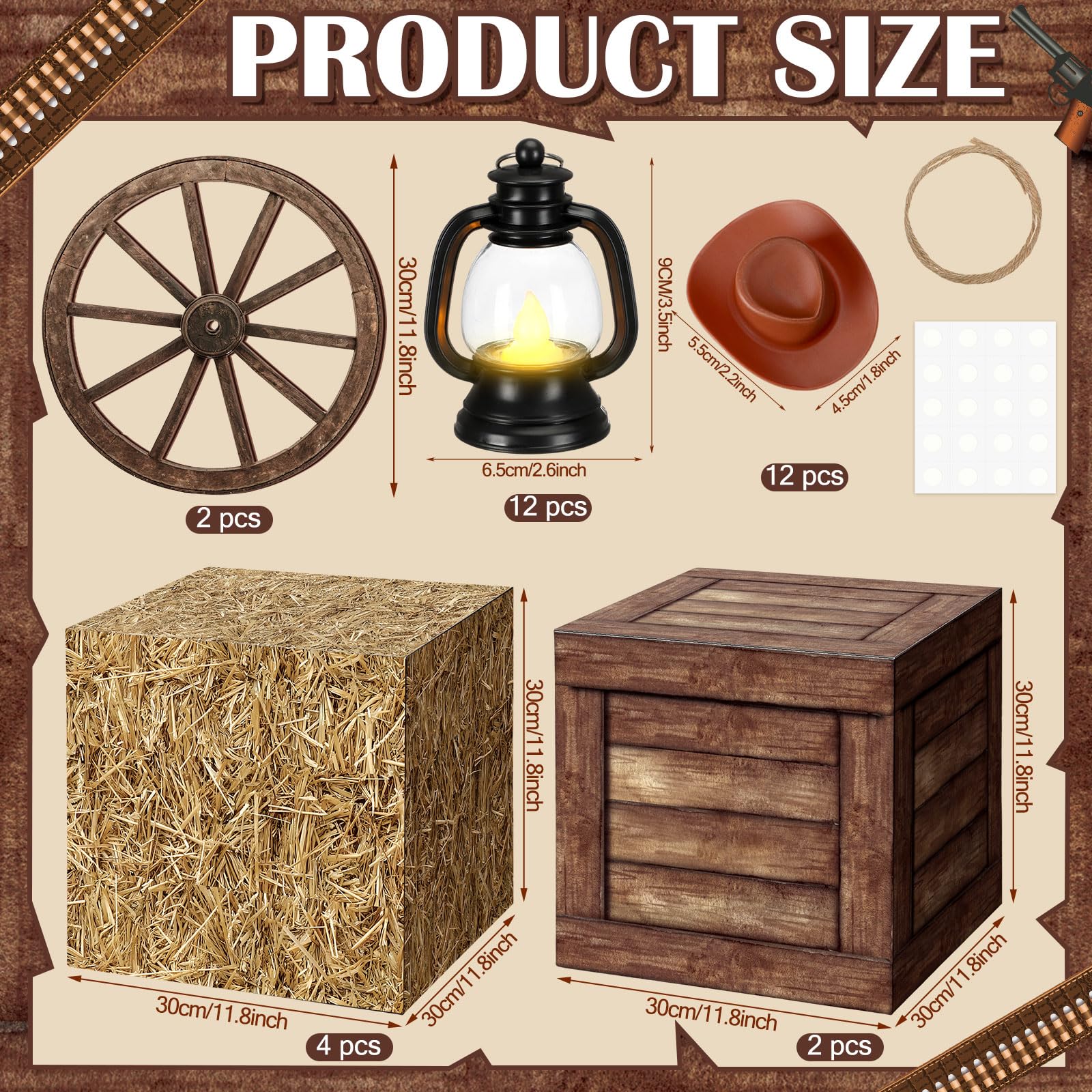 Ferraycle 32 Pcs Western Themed Party Decor Mini Cowboy Hat Lantern Western Boxes Wooden Wagon Wheels Hay Cowboy Table Centerpiece for Adults Rustic My First Rodeo Farmhouse Country Party Accessory