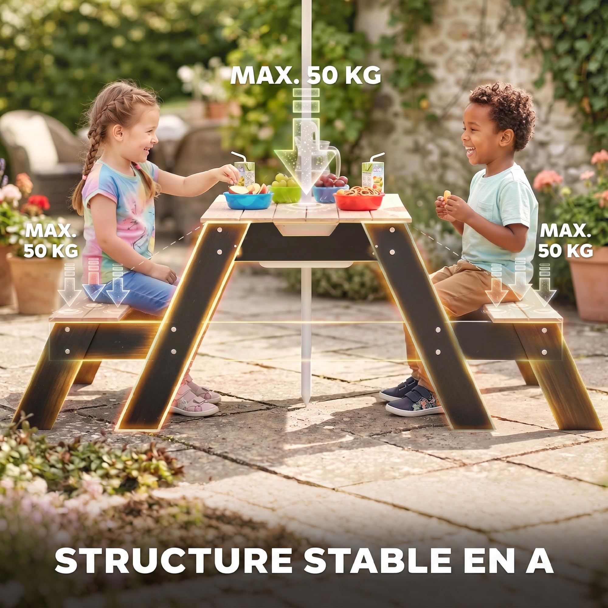 AIYAPLAY Tavolo da picnic per bambini con sabbiera e ombrellone, 3-6 anni | Tavolo 3-in-1 in legno, sabbia e acqua, 2 cassetti nascosti, legno naturale, mobili giardino bambini, patio, giardino