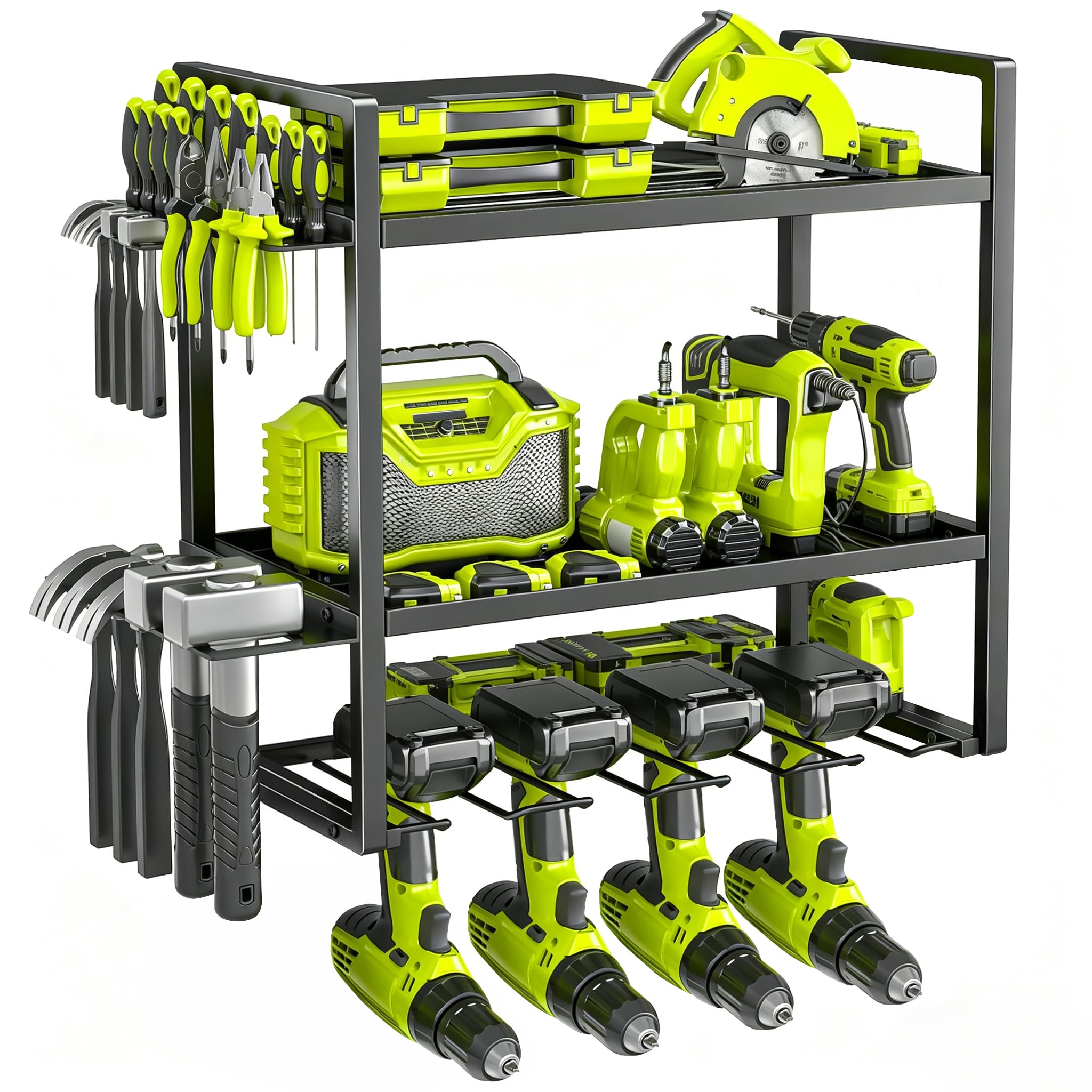 BILIONE 3 Layer Power Tool Storage Wall Mounted, Heavy Duty Garage Tool Organiser, 90KG Load Capacity, Drill Holder & Tool Rack for Workshop, Home
