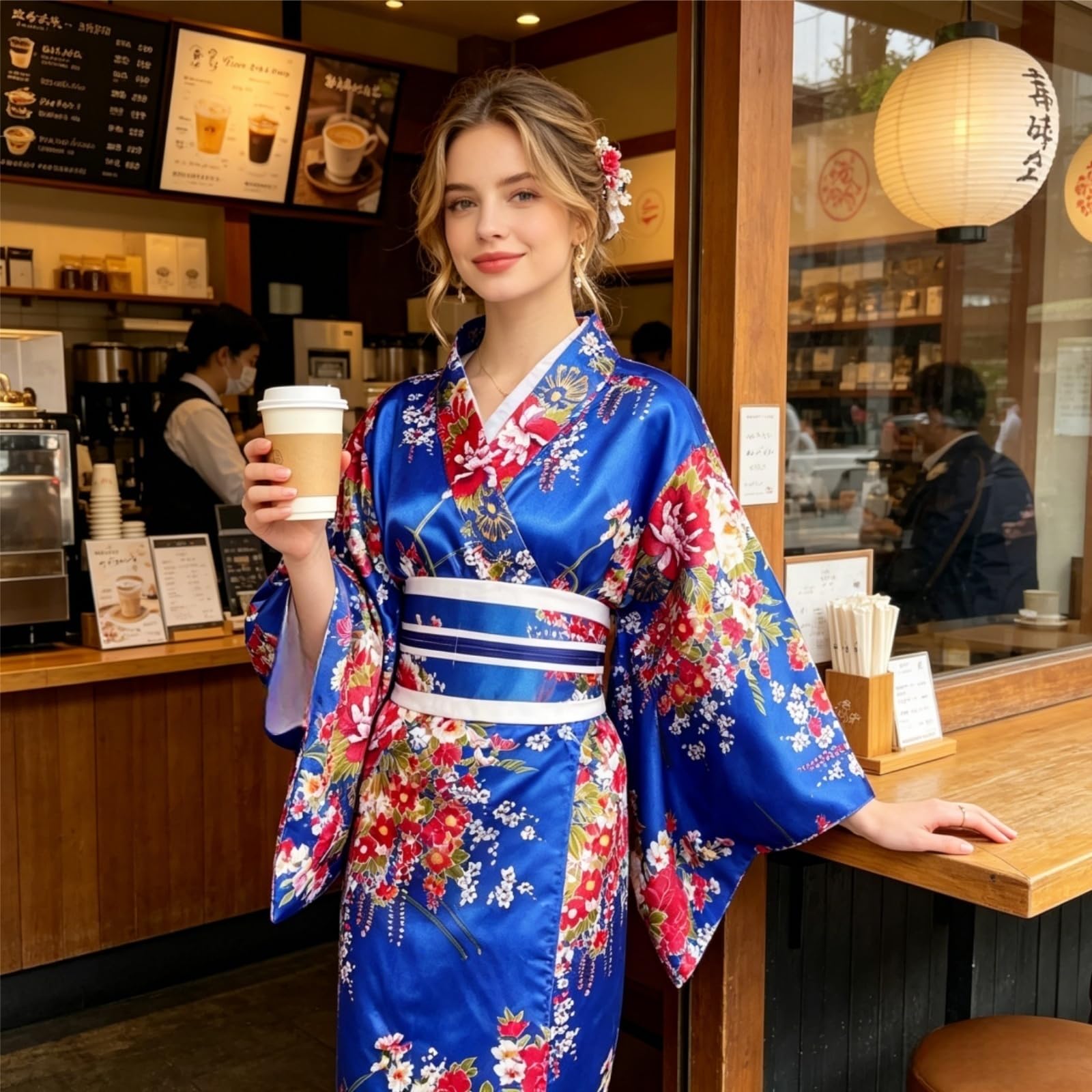 5 Pezzi Kimono Donna Giapponese, Tradizionale Vestito Geisha Yukata Abito, Set di Costumi Cosplay con Accessori Ventaglio Pieghevole, Maschera, Calze e Spilla per Capelli