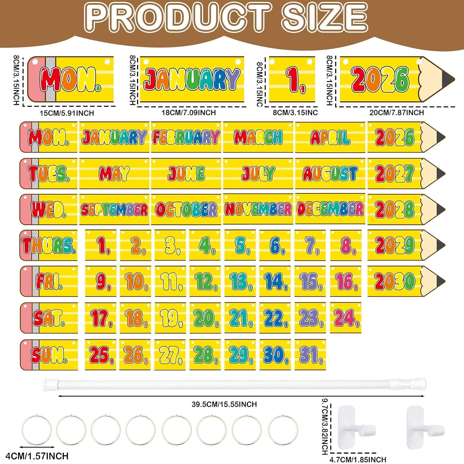 Pencil Flip Calendar for Classroom with Rod Holder Pencil Adjustable Flip Calendar Holder Bulletin Board Set Back to School Classroom Decor with Date Cards for Elementary Preschool Teacher Supplies image 2