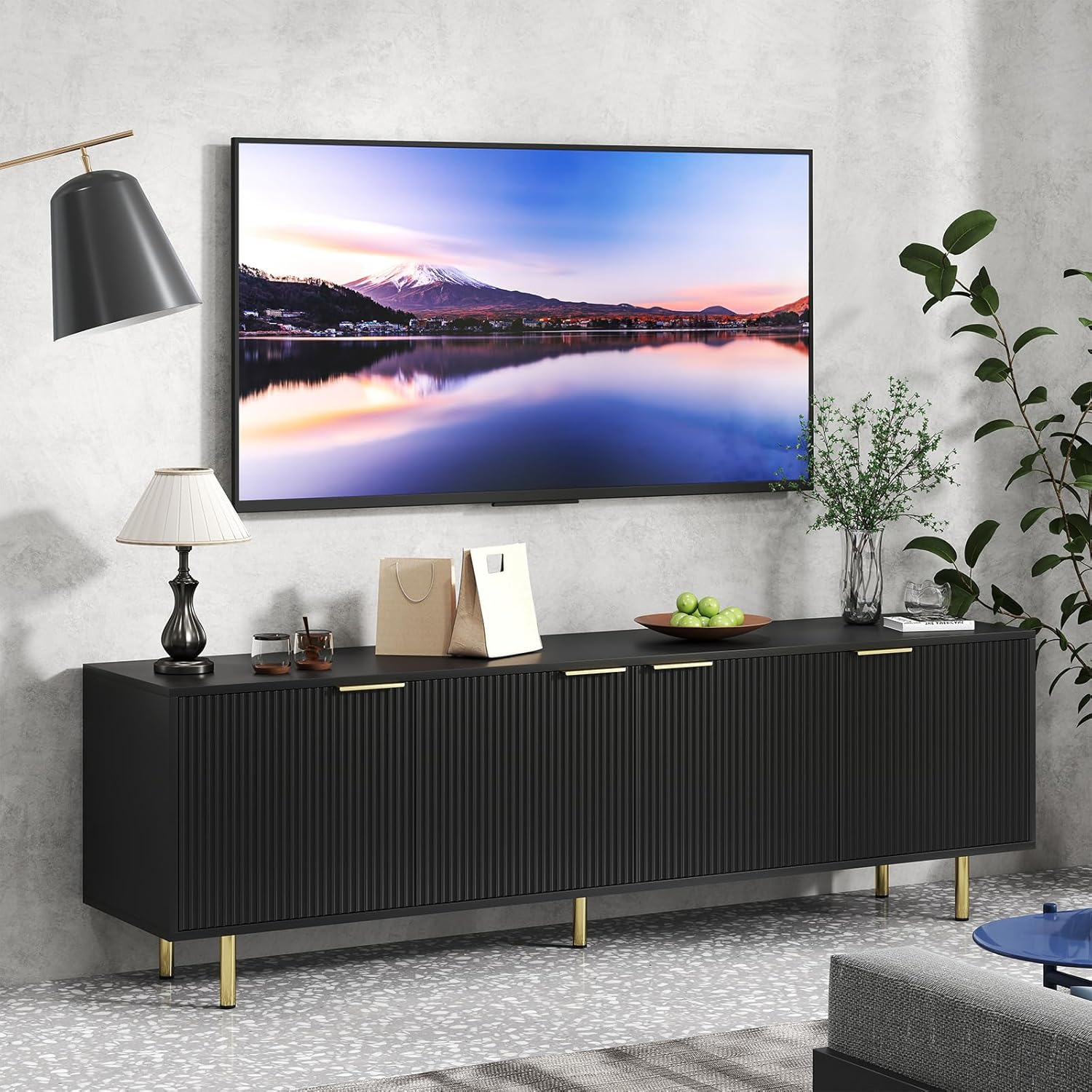 68.9" TV Console, TV Stands for 55/60/75 Inch TV, TV Stand for Living Room, Modern Fluted TV Stand, Entertainment Center with 5 Storage Compartments & Sturdy Metal Legs for Bedroom-Black