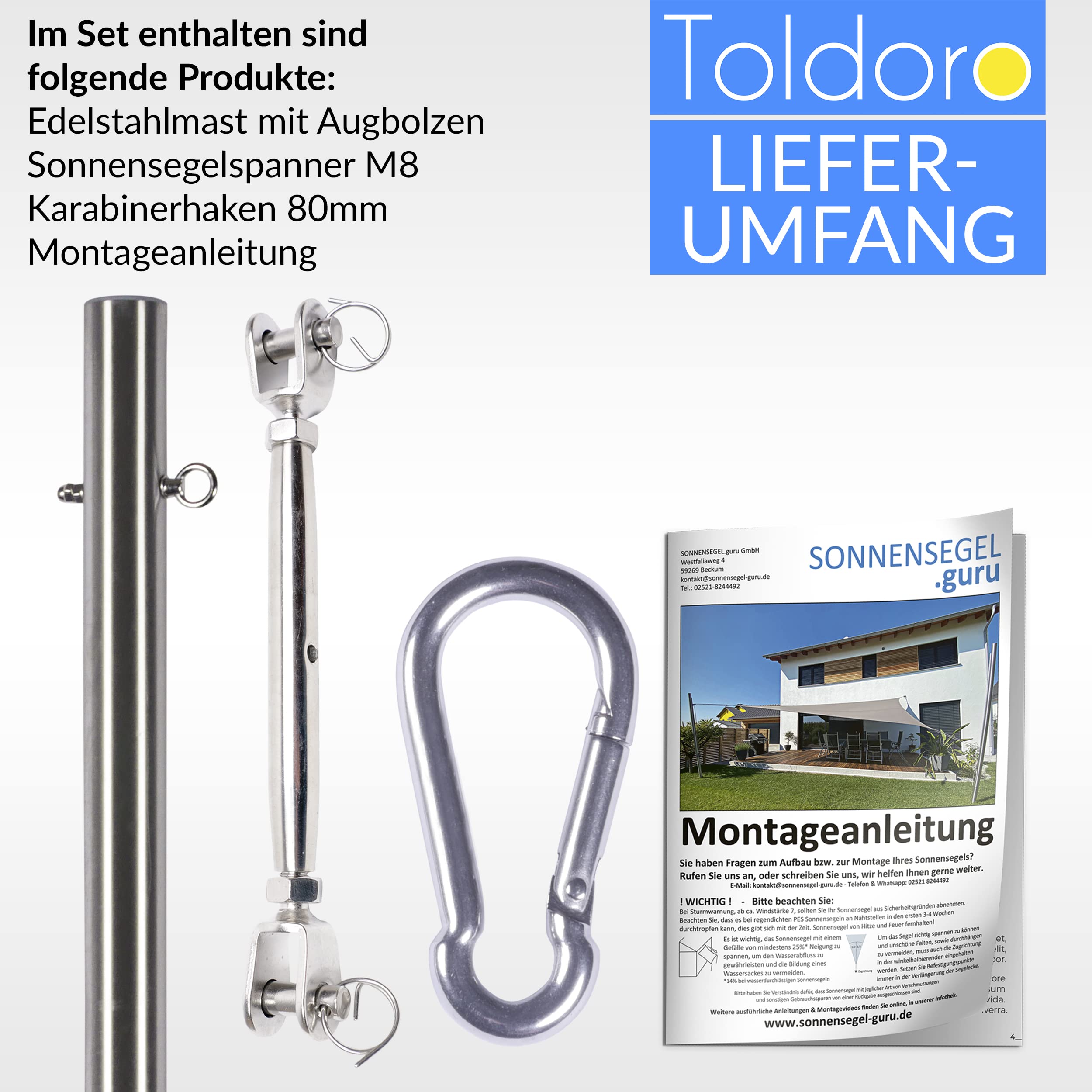Toldoro® 3,5m Sonnensegelmast mit Augbolzen / Ø70mm Wandung rostfreier Sonnensegelmast aus V2A Edelstahl/Pfosten für Sonnensegel/Stabiler Sonnensegel Mast