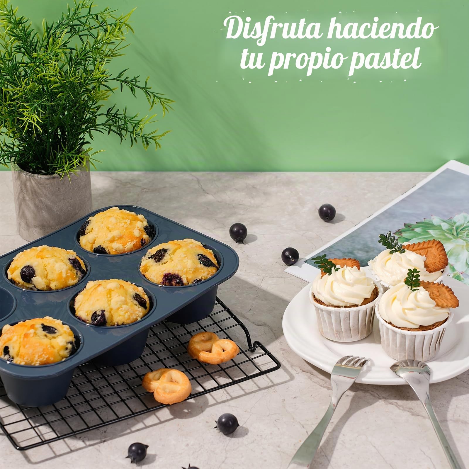 SUPER KITCHEN Grande Molde de Silicona para 6 Magdalenas, Bandejas para Hornear Muffin con Recubrimiento Antiadherente para Muffins, Cupcake, Brownie, Pudín 27,8 x 19 x 5 cm (Gris)