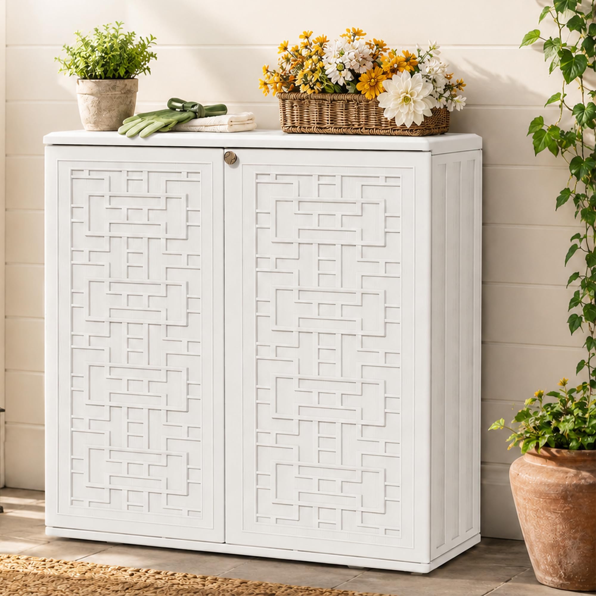ADDOK Outdoor Storage Cabinet, 60 Gallon Waterproof Resin Patio Storage Cabinet with 1 Adjustable Metal Shelf and Double Doors, Weather-Resistant Organizer for Garden Tools/Home/Toys/Porch