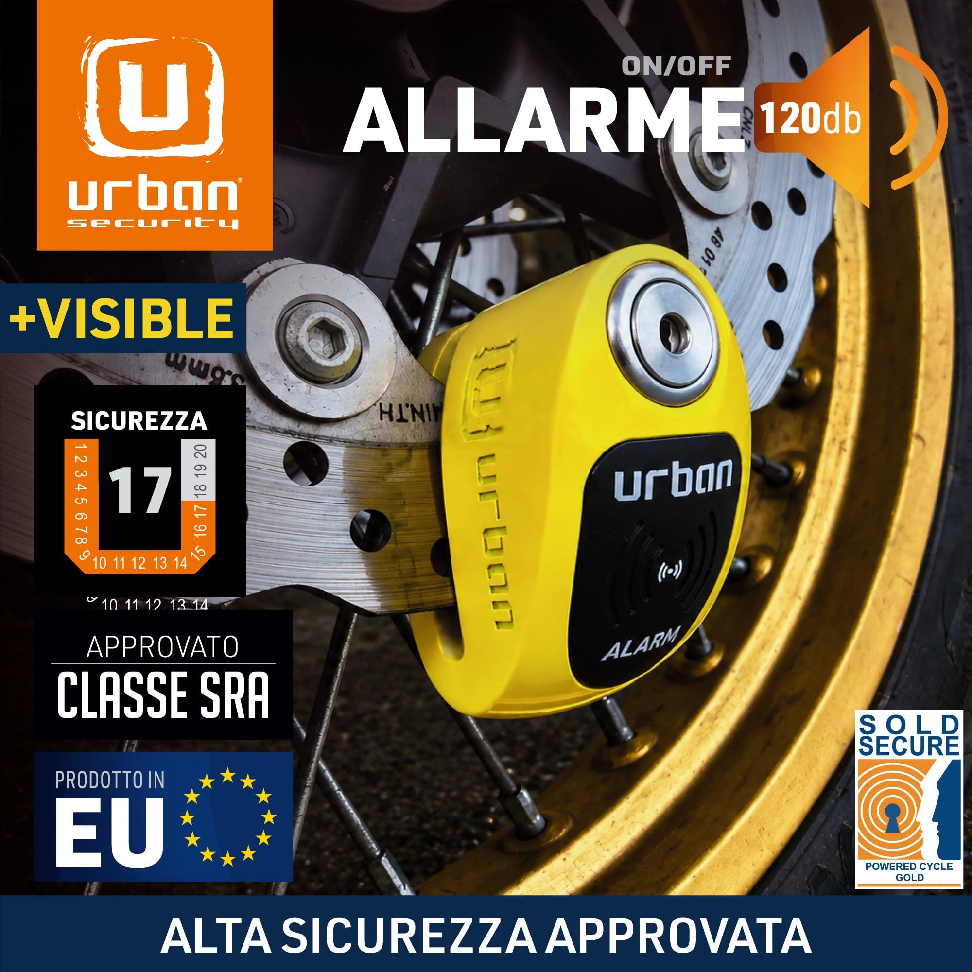 URBAN UR910Y Bloccadisco Moto con Allarme 120 dB, Giallo+Nero in Acciaio Inox Verniciato +Dissuasivo, Omologato SRA e Sold Secure Gold, Doppia Chiusura Ø10 mm, Lucchetto Antifurto Blocca Disco Moto