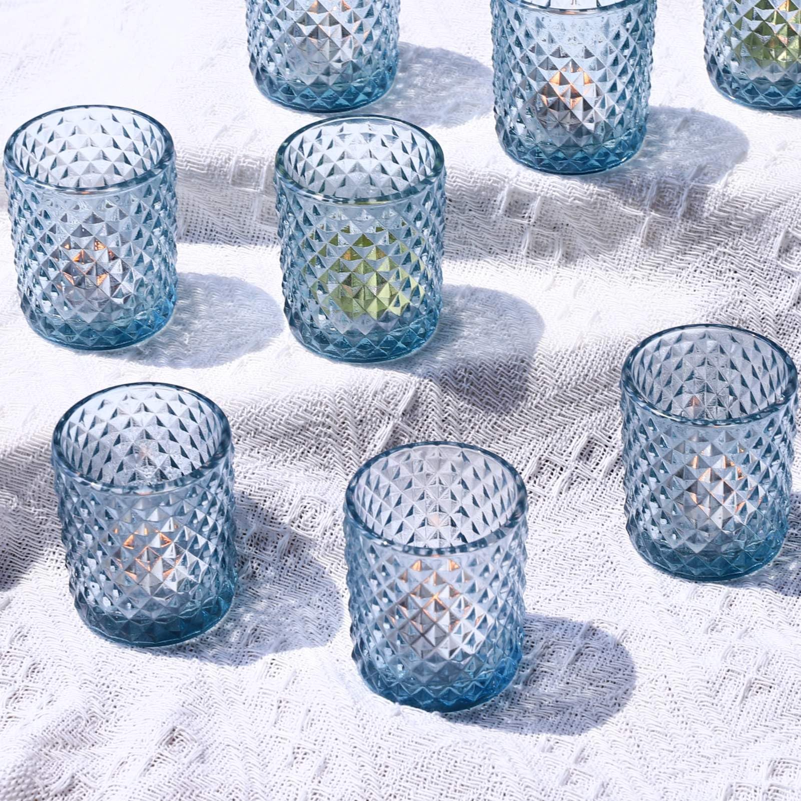 12 bicchieri da tè in vetro blu per matrimoni, decorazione da tavolo, portacandele in vetro per festa di compleanno, per decorazione della casa