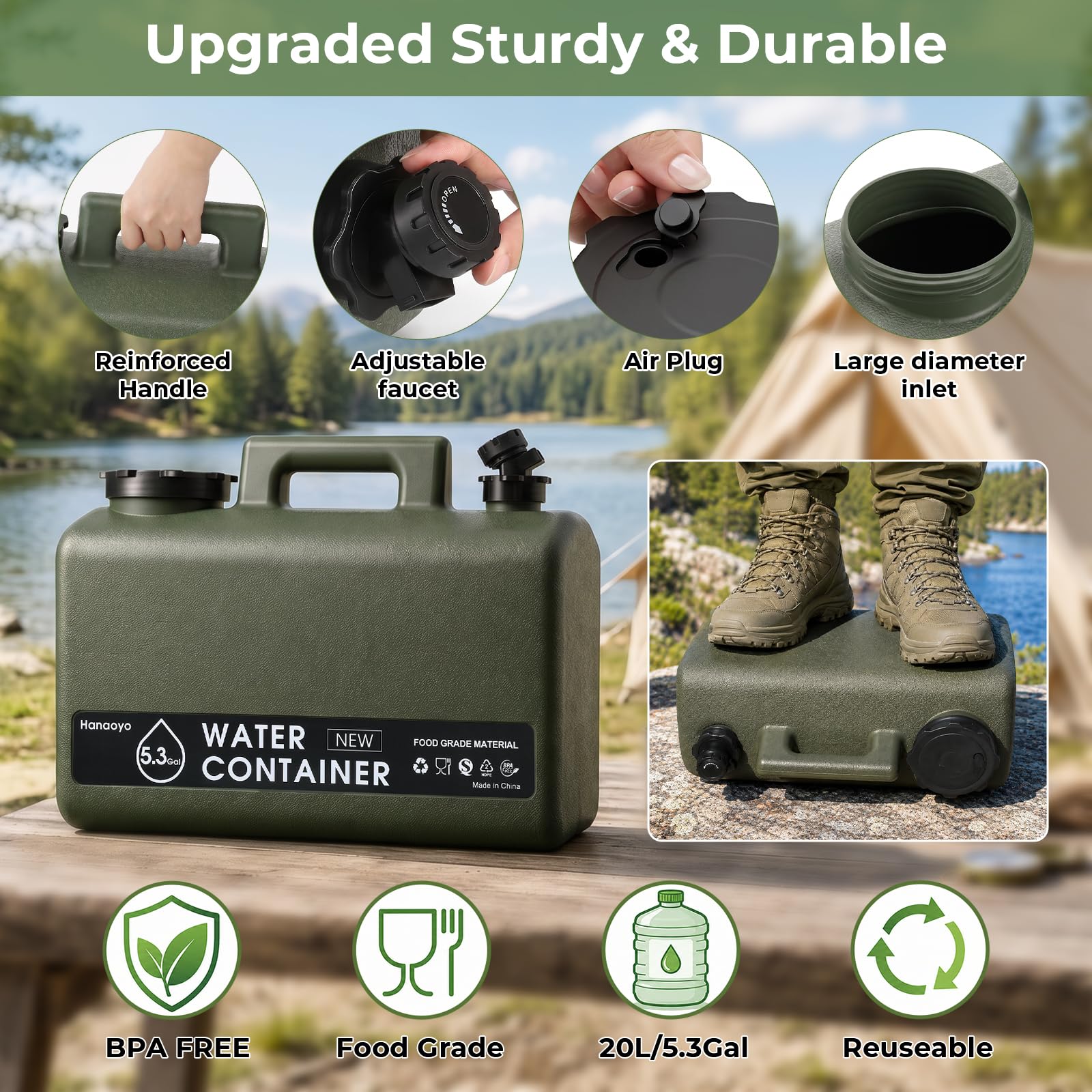 Hanaoyo Carafe d'eau de camping de 20 L, sans BPA, récipient d'eau portable avec robinet et tube d'extension, seau de stockage d'eau plat pour camping-car, camping en plein air, stockage d'eau