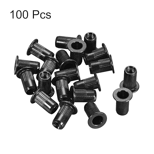 Miniatura 10 de uxcell Tuercas de remache M5 de acero al carbono chapadas en zinc moleteado cabeza plana roscada tuerca de inserción negra 100 piezas