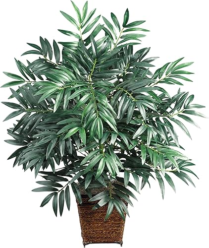 Nearly Natural 6556, palmera de bambú con cesta de mimbre, planta decorativa de seda, color verde