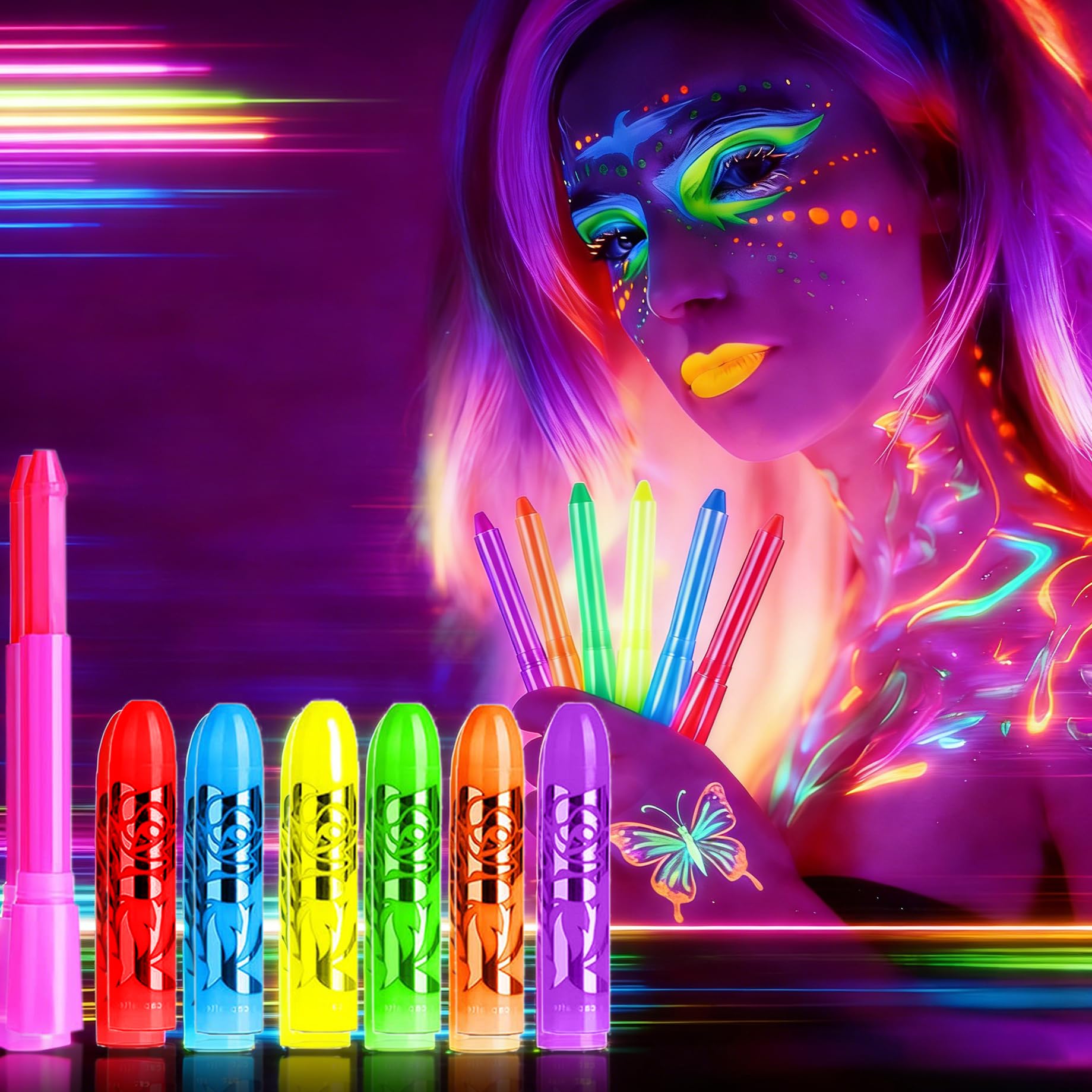 6 PCS Glow in The Black Light Face Paint Crayons, Neon Face Body Paint Kit