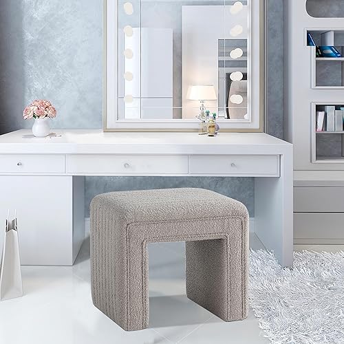 Miniatura 8 de Get Set Style Taburete de tocador, moderno taburete otomano Boucle con patas de madera, sofá, banco, reposapiés, asiento adicional para tocador,