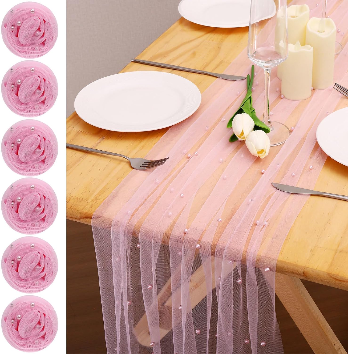 6pcs Pearl Table Runner Spring Summer Rustic Boho 10ft Tulle Table Runner for Baby Shower Wedding Veil Holiday Dessert Table Decor Pink