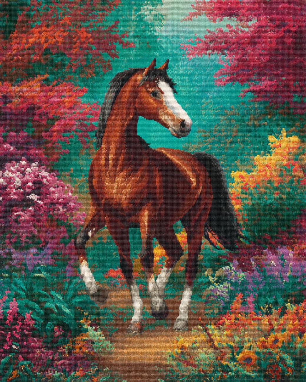 RKFLGEW DIY Embroidery Set Horses and Flowers 50x70cm