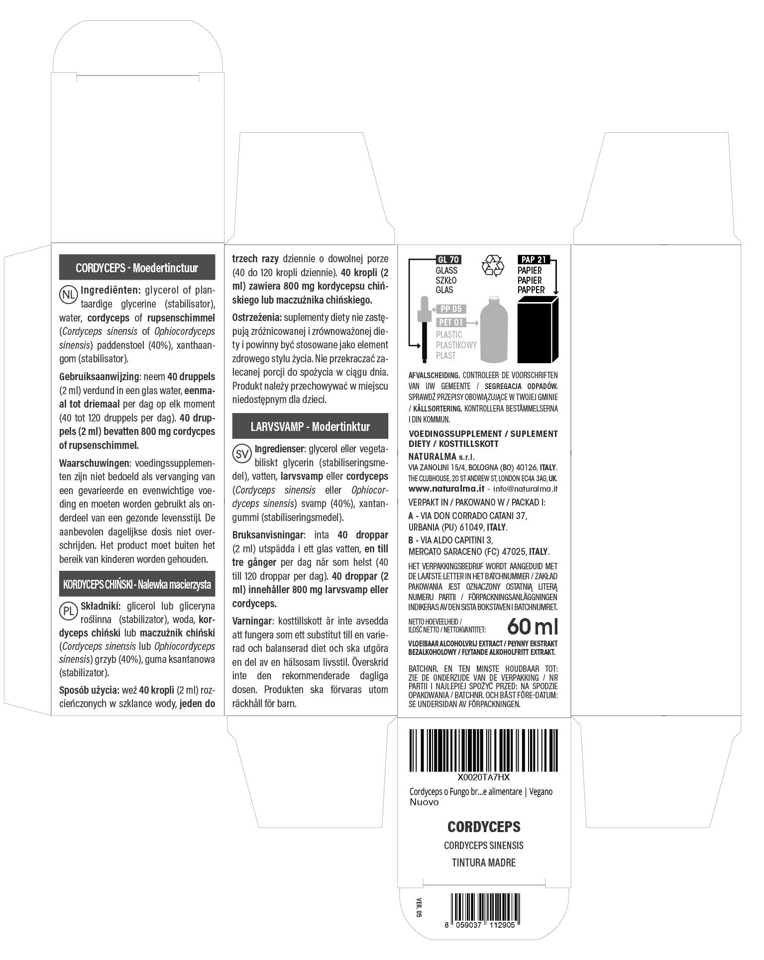 Cordyceps o Fungo bruco (Cordyceps sinensis o Ophiocordyceps sinensis) fungo Tintura Madre analcoolica Naturalma - Estratto liquido gocce 60 ml - Integratore alimentare - Vegano