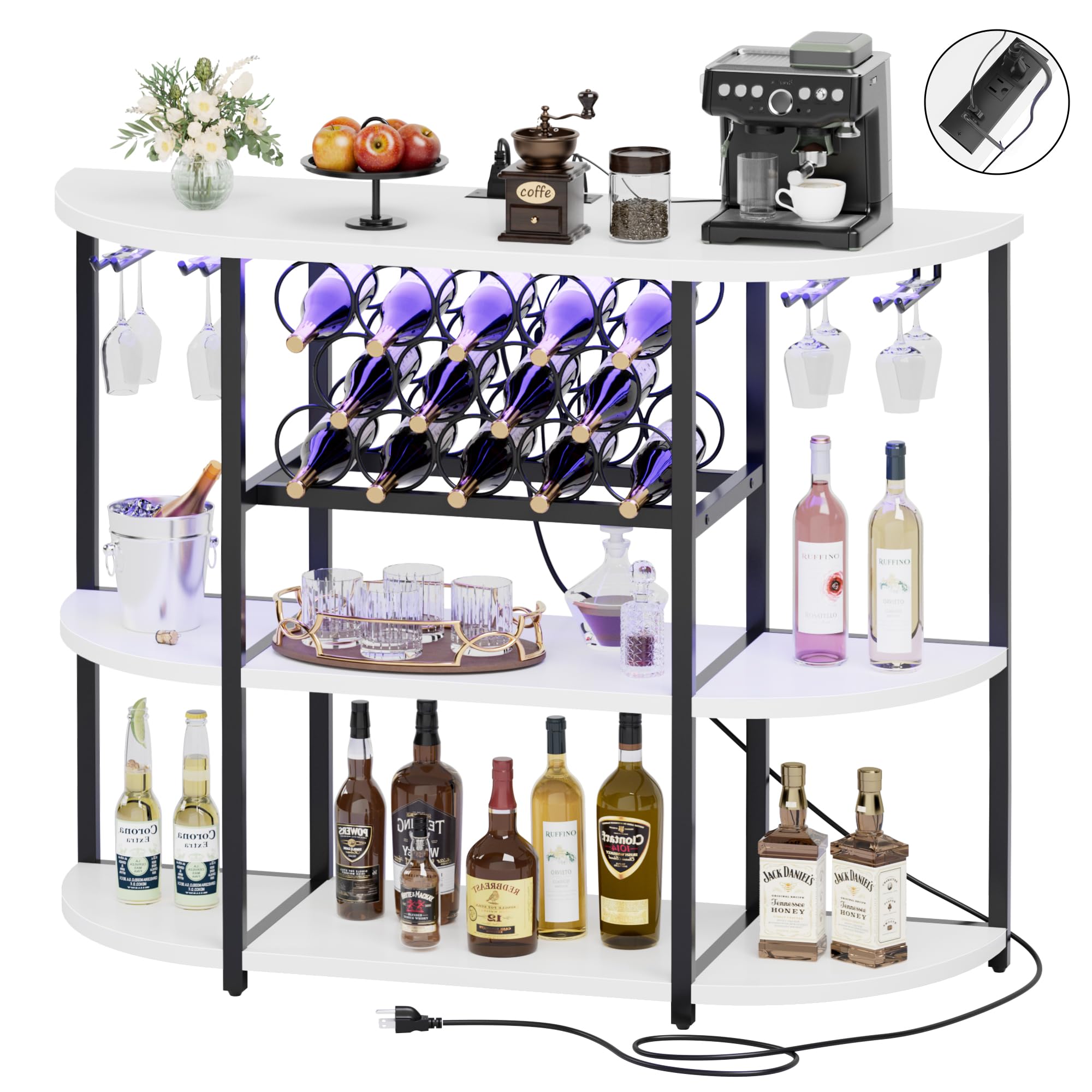 Shahoo Wine Bar Cabinet with Rack, Power Outlets, LED Lights, Shelves for Liquor and Glasses for Home Kitchen, White