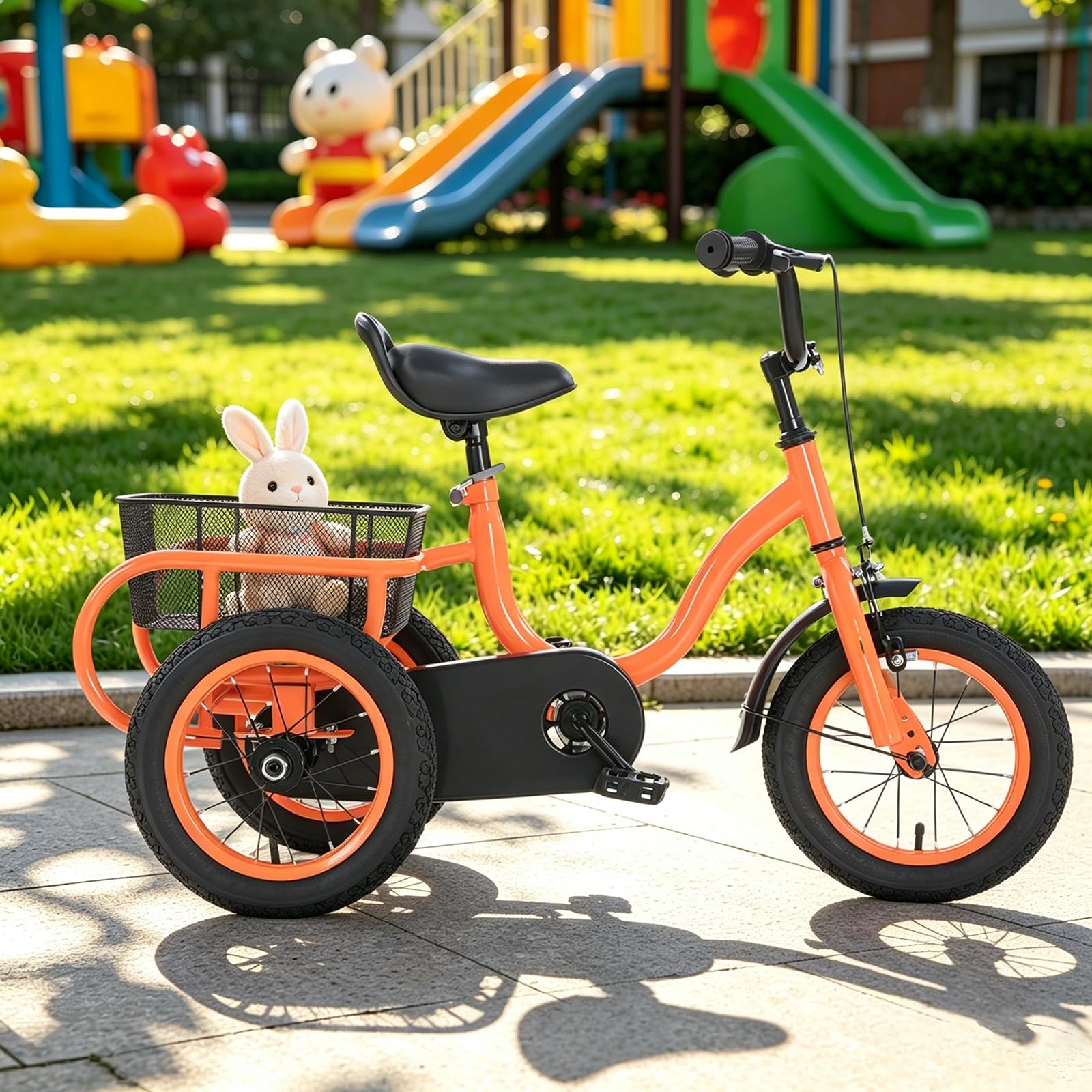 Bicicletta 3 Ruote Monovelocità, Bicicletta 12 pollici, Triciclo Sicuro Arancione, Cestello posteriore, Sella Manubrio Regolabili, Apprendimento Equilibrio Esterno Giardino, Regalo