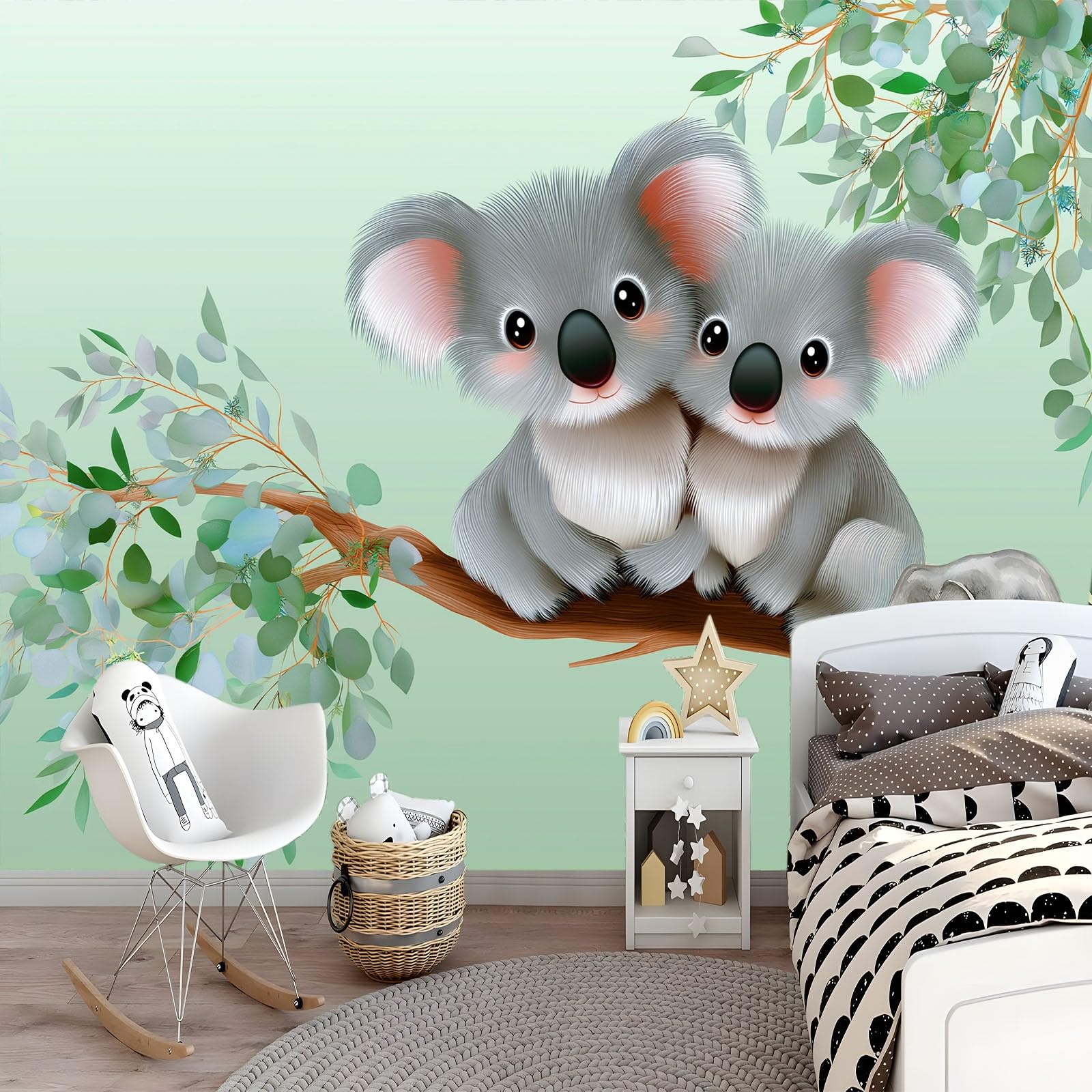 Generico Panoramiczna tapeta XXL kreskówka koala liście roślin, dekoracyjny plakat ścienny szałwiowy zielony do pokoju dziecięcego, sypialni i salonu 350 x 256 cm