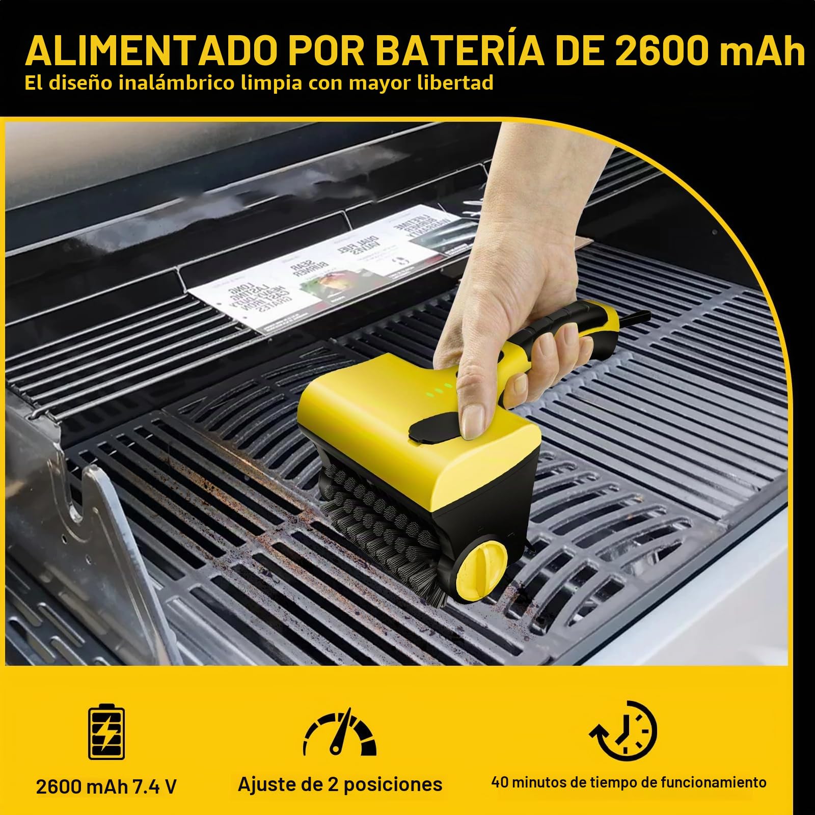 Roadtime Cepillo Eléctrico Inalámbrico para Parrilla con Tanque Agua | cepillo de limpieza con 2600 mAh batería&2 cabezales giratorios de 360°,Cepillo Barbacoa para CarbóN,Electricidad Parrilla